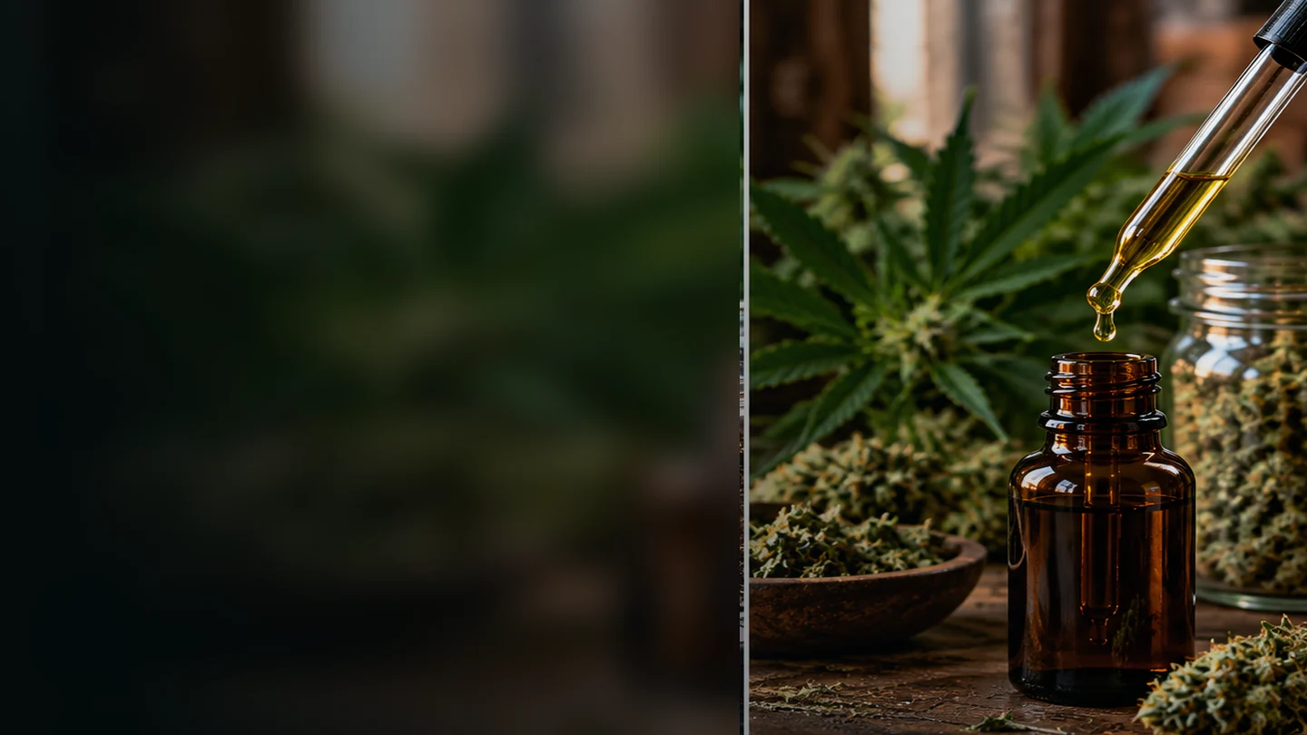Cinematic editorial illustration of a cannabis tincture dropper bottle, amber oil and cannabis flowers