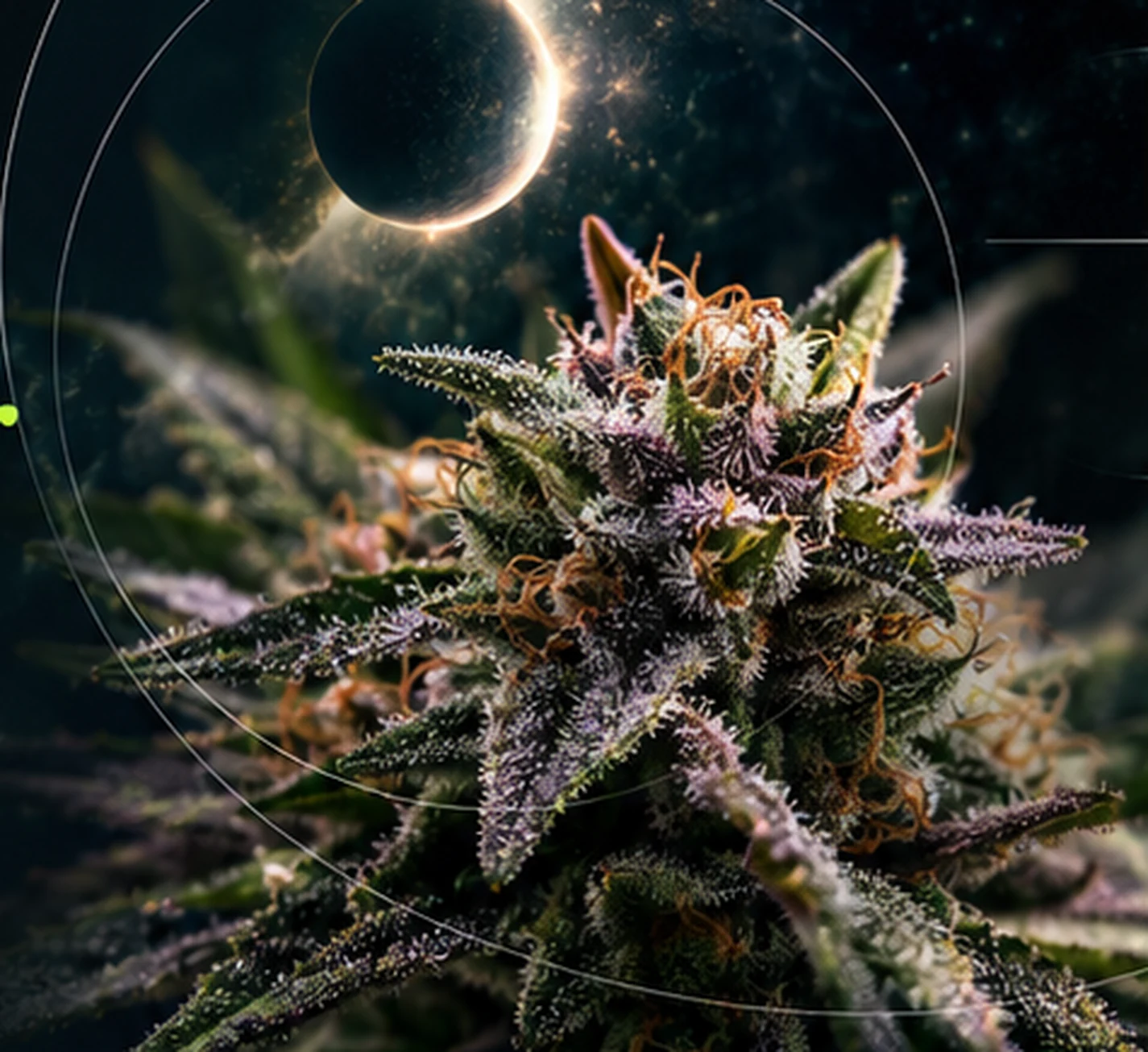 Macro cannabis flower framed by subtle orbital geometry