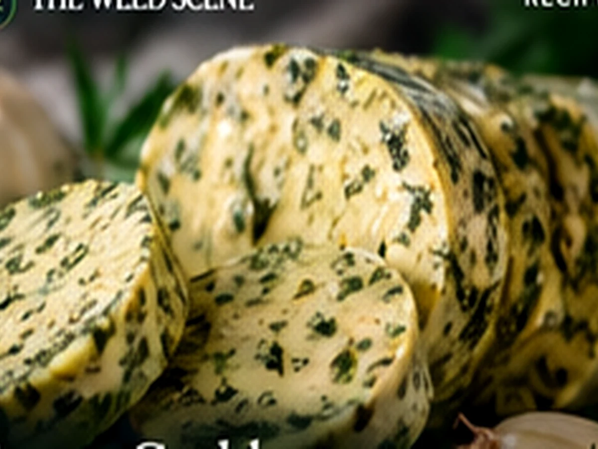 Slices of garlic herb compound butter with fresh herbs