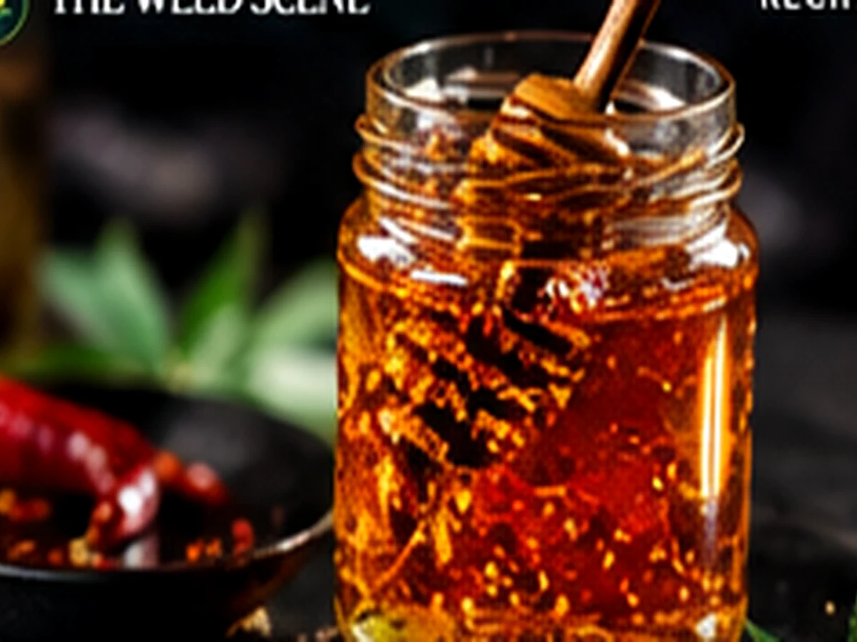 Jar of amber hot honey with chili peppers