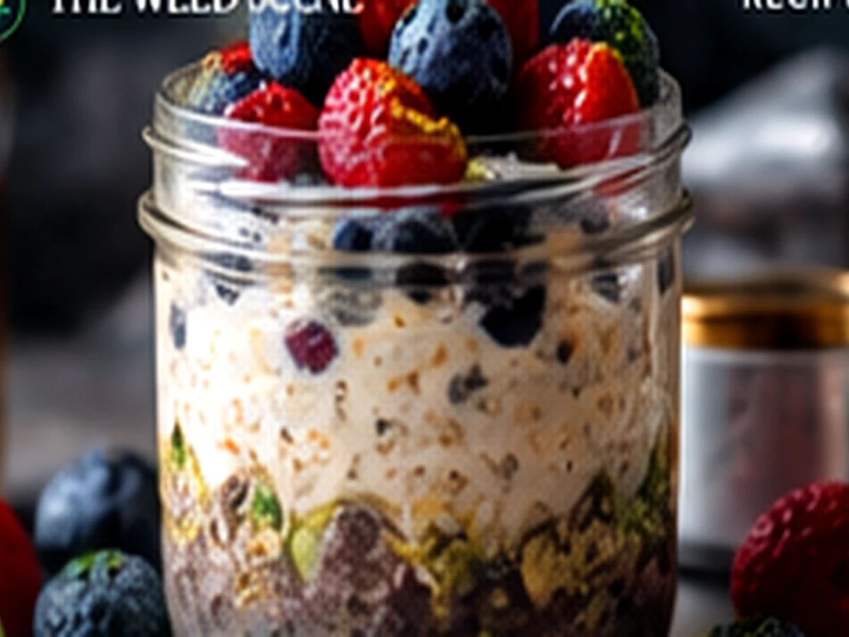 Jar of overnight oats topped with fresh berries