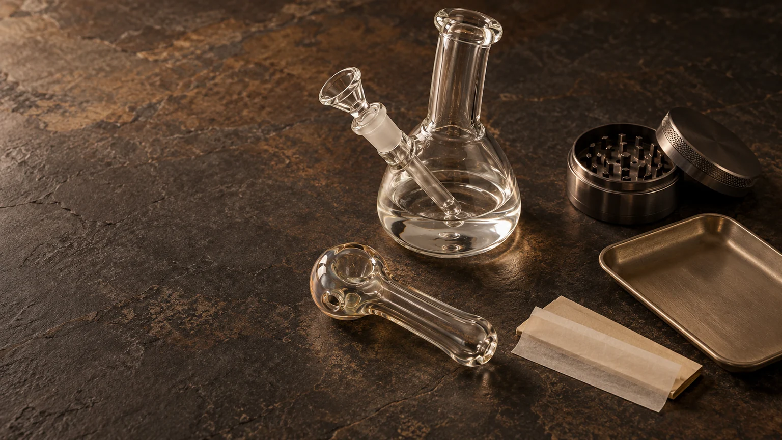 Clear glass water pipe and hand pipe beside a metal grinder, rolling papers and a tray on warm slate