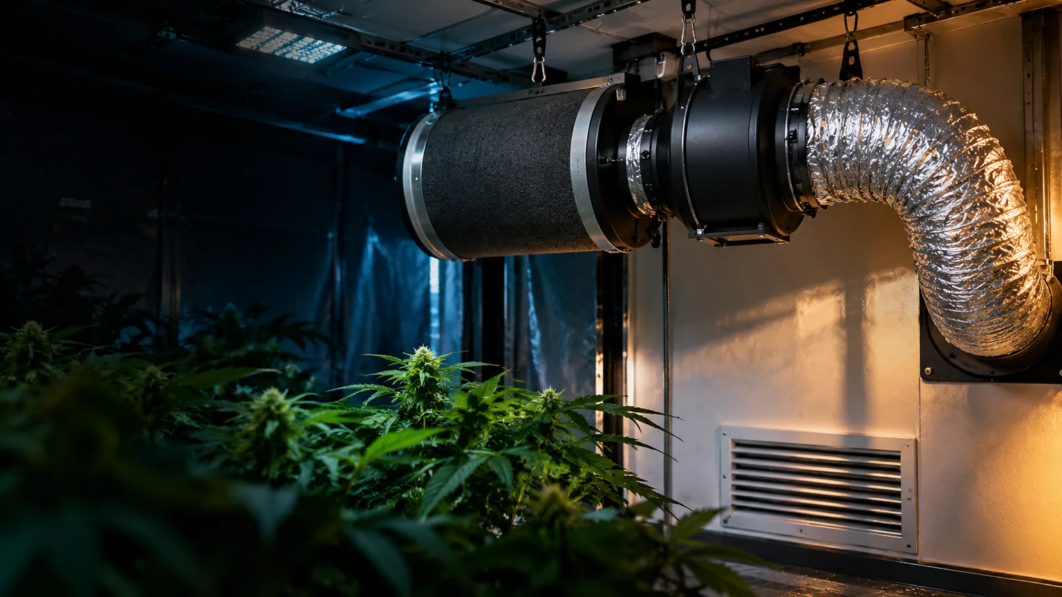 A suspended carbon air filter and inline exhaust fan connected to insulated ducting above an indoor garden