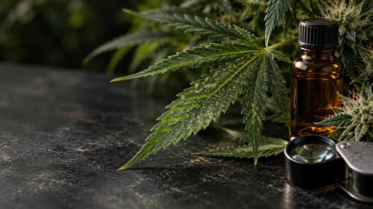 Speckled cannabis leaf beside an amber bottle and a magnifying lens on a dark work surface