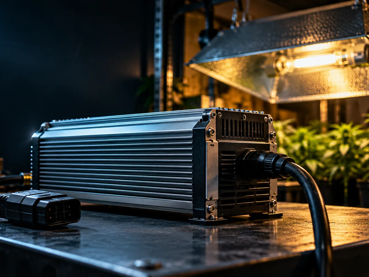 Ribbed metal lighting ballast and high intensity discharge reflector shown in an indoor work area