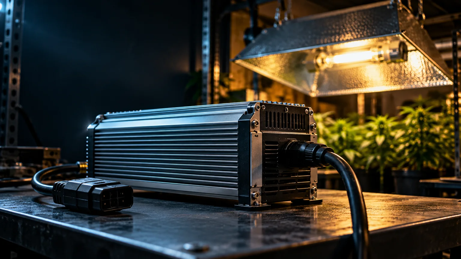 Ribbed metal ballast with rated connectors on a workbench beneath an illuminated indoor grow light