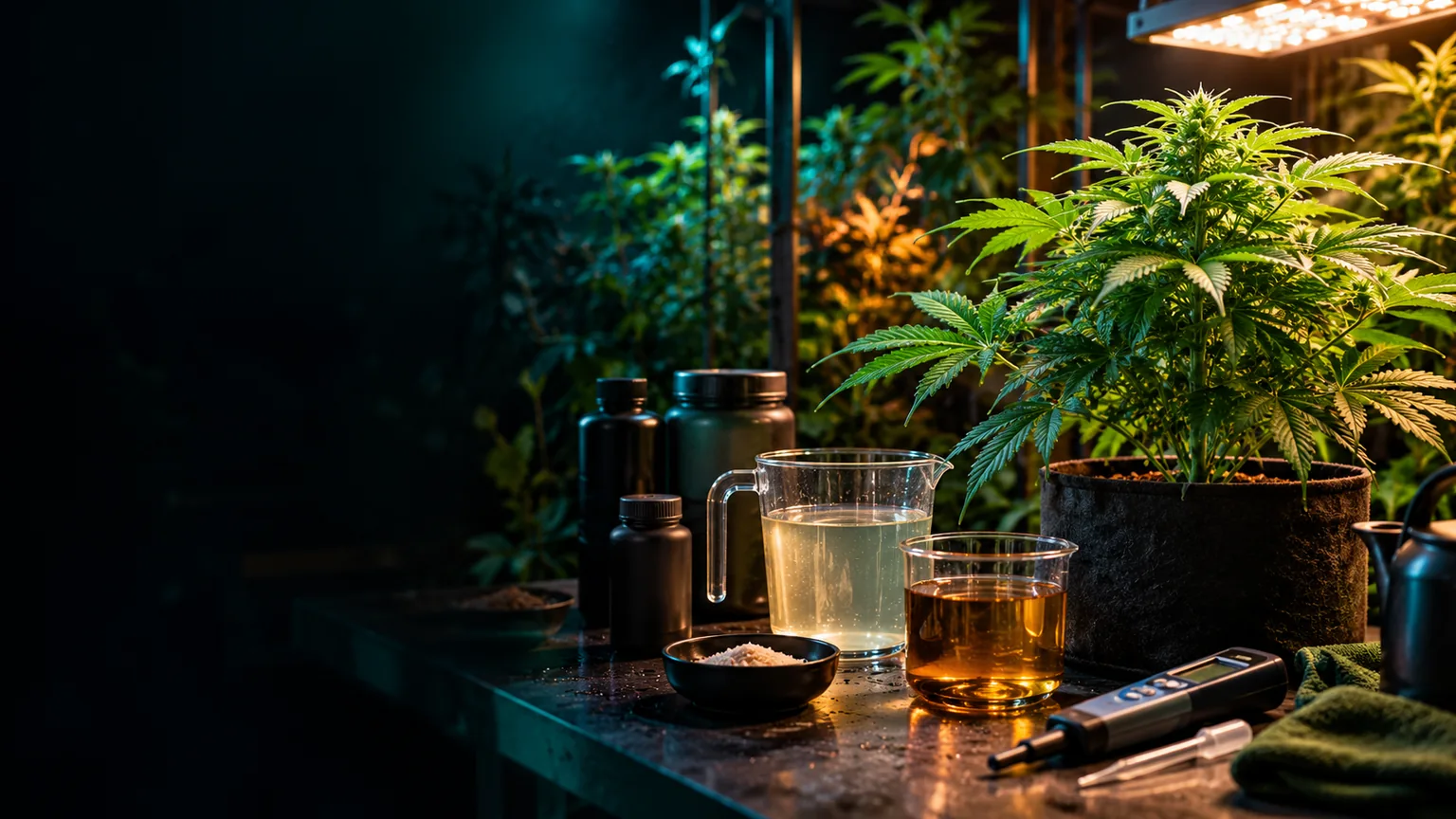 Indoor cannabis plant beside unlabeled nutrient bottles, measuring vessels and a digital water-quality meter