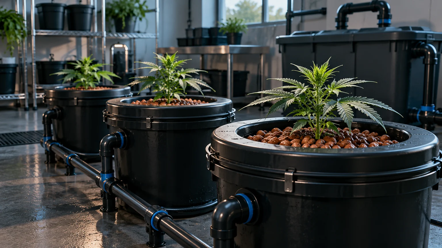 Black hydroponic buckets with clay pebbles, young cannabis plants and connected irrigation tubing