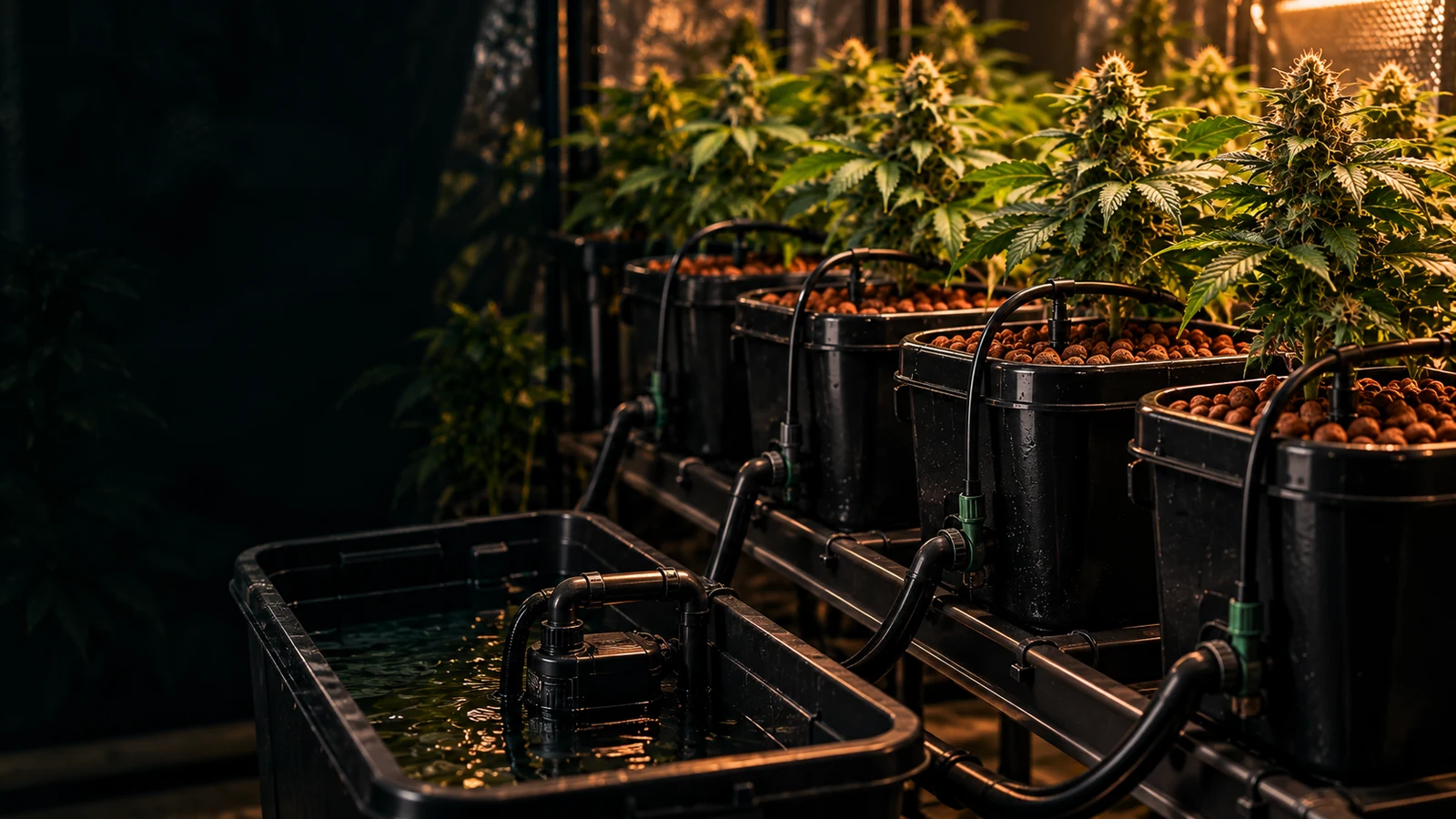 Recirculating top-feed hydroponic buckets with grow-medium irrigation lines connected to a shared nutrient reservoir