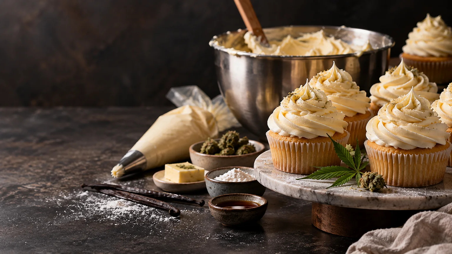 Freshly piped vanilla buttercream on golden cupcakes, a bowl of icing, vanilla pods and a piping bag on a dark bakery worktop