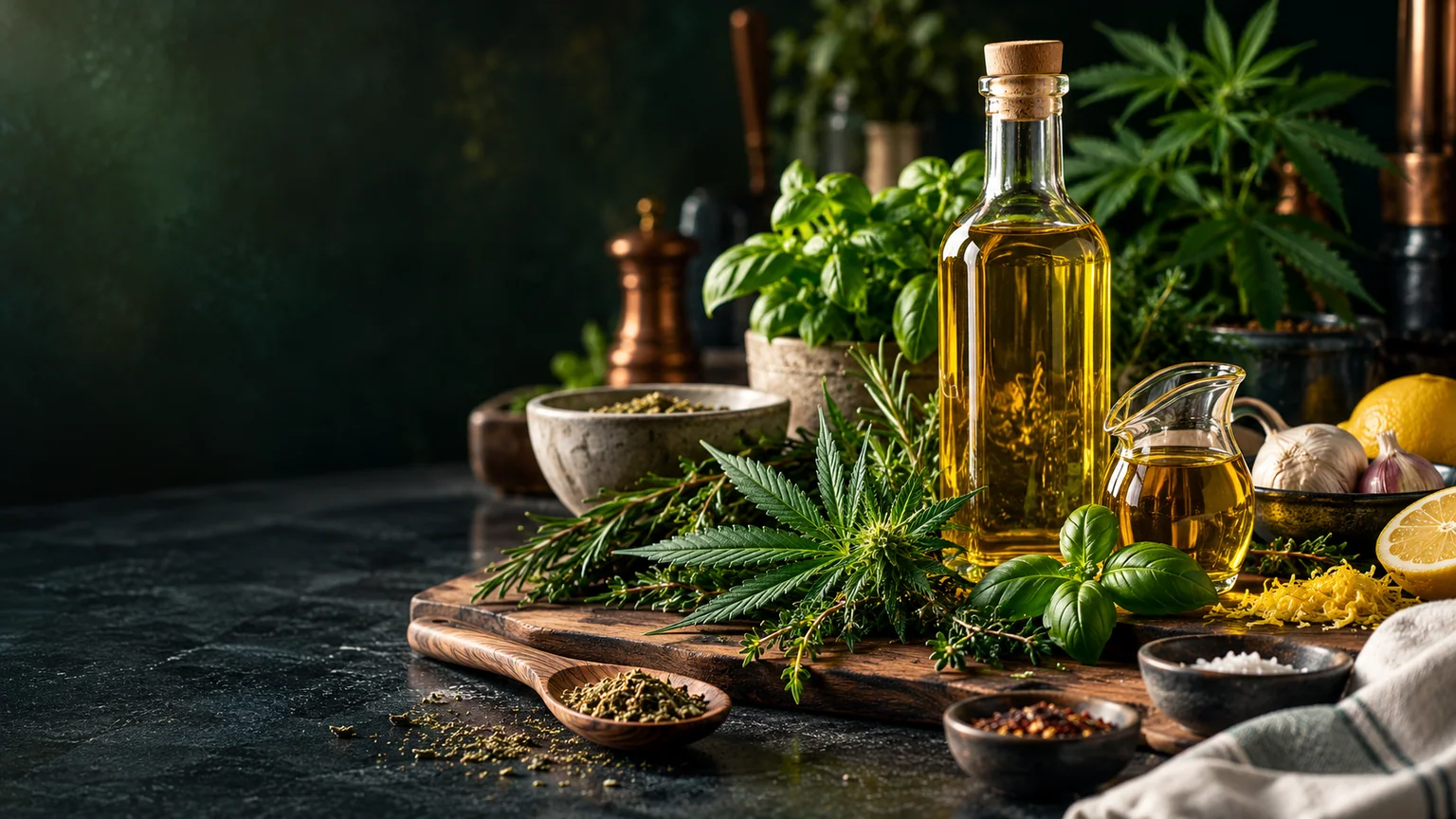 Amber cooking oil, fresh herbs, garlic and lemon on a dark kitchen counter with cannabis leaves