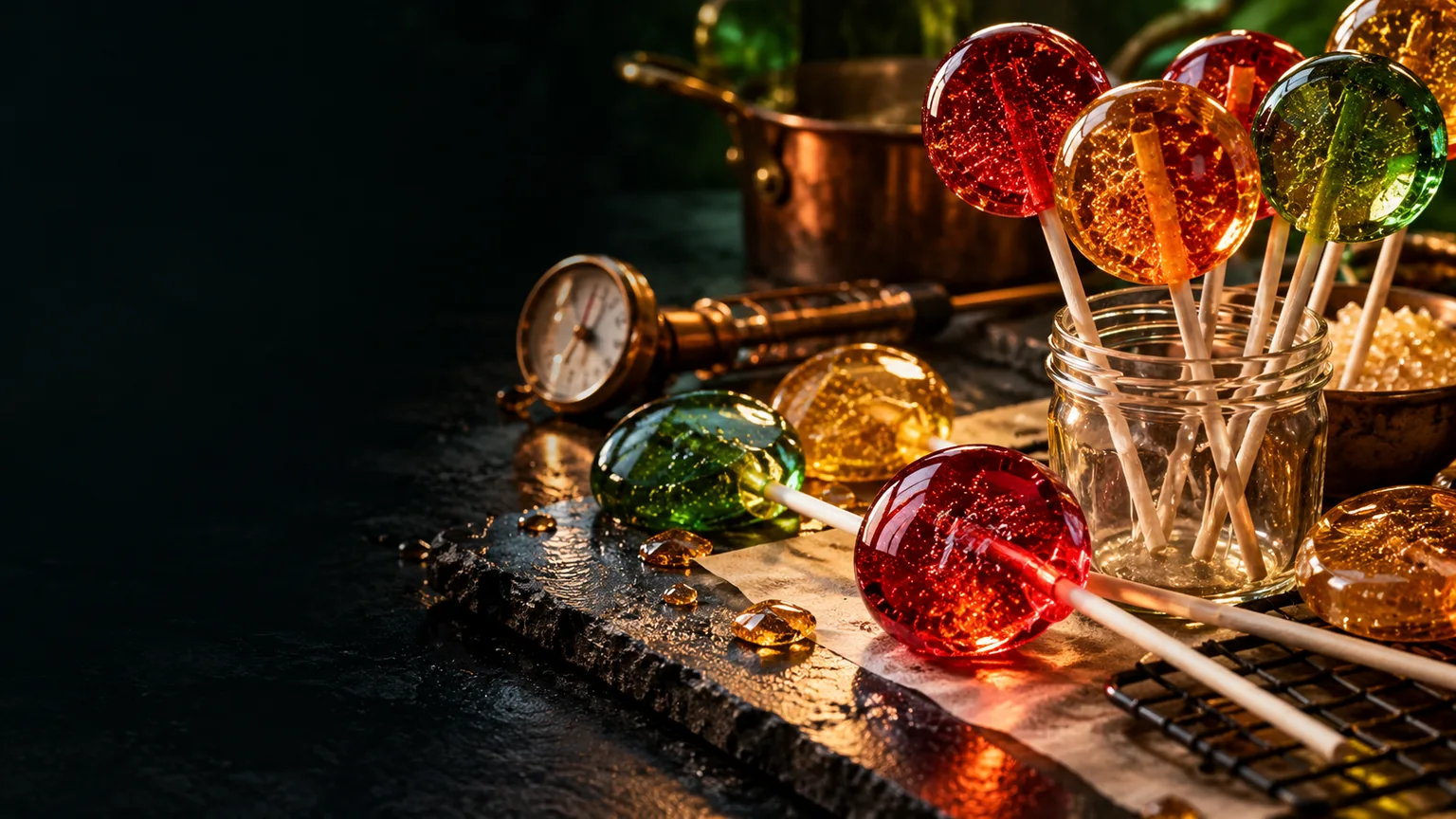 Jewel-toned red, green and amber hard-candy lollipops on a dark confectionery table beside a candy thermometer