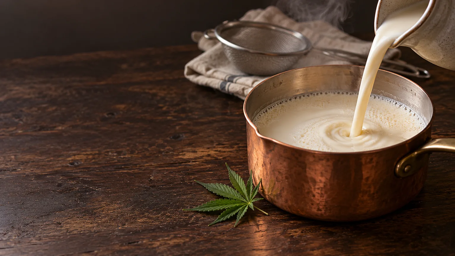 Creamy milk poured into a copper saucepan beside a sieve and cannabis leaf