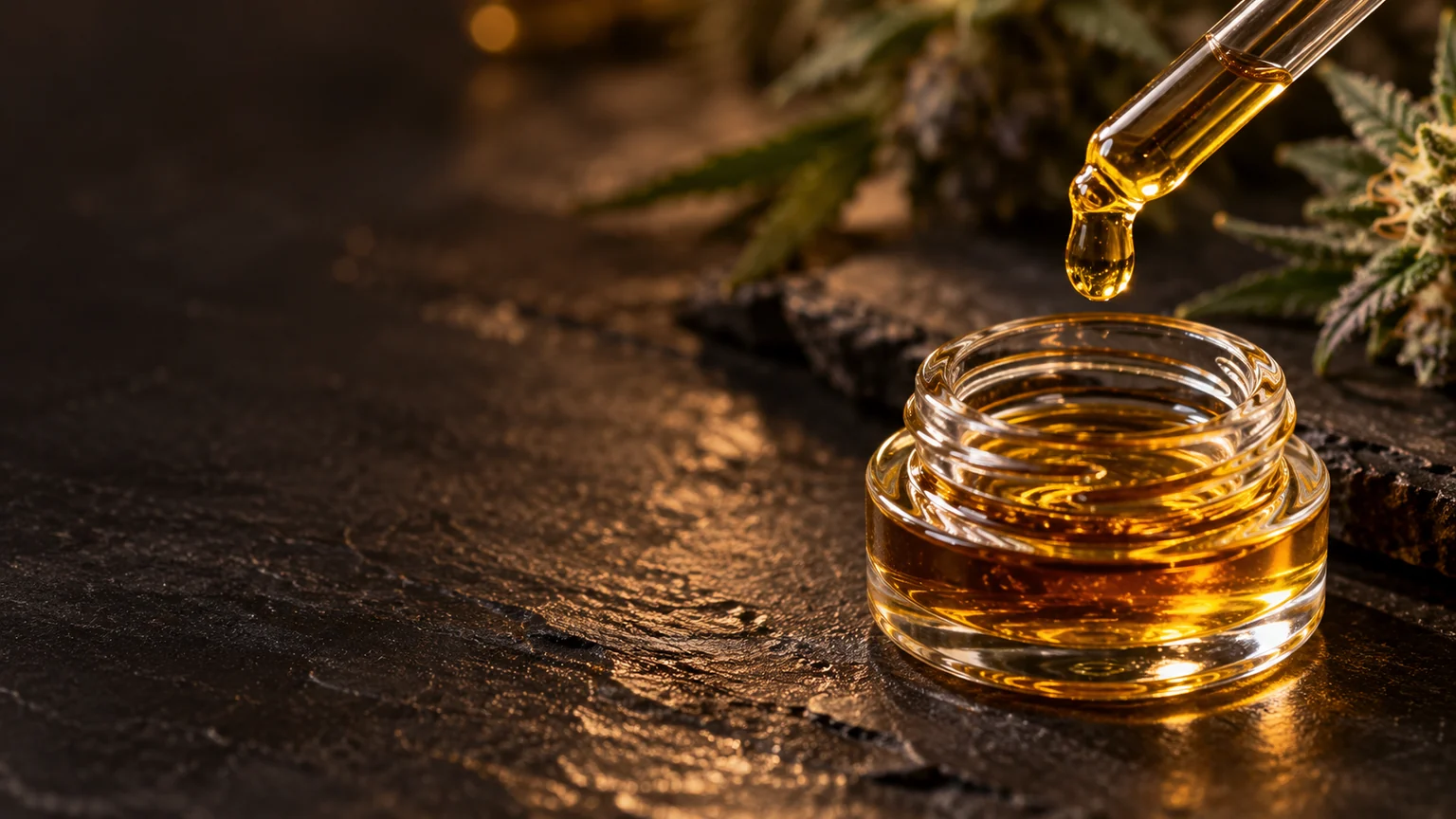 Amber cannabis oil in a glass jar below a pipette with a suspended drop