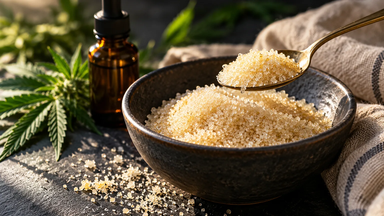 Golden sugar crystals in a dark stoneware bowl, with a spoon, amber dropper and fresh herbs