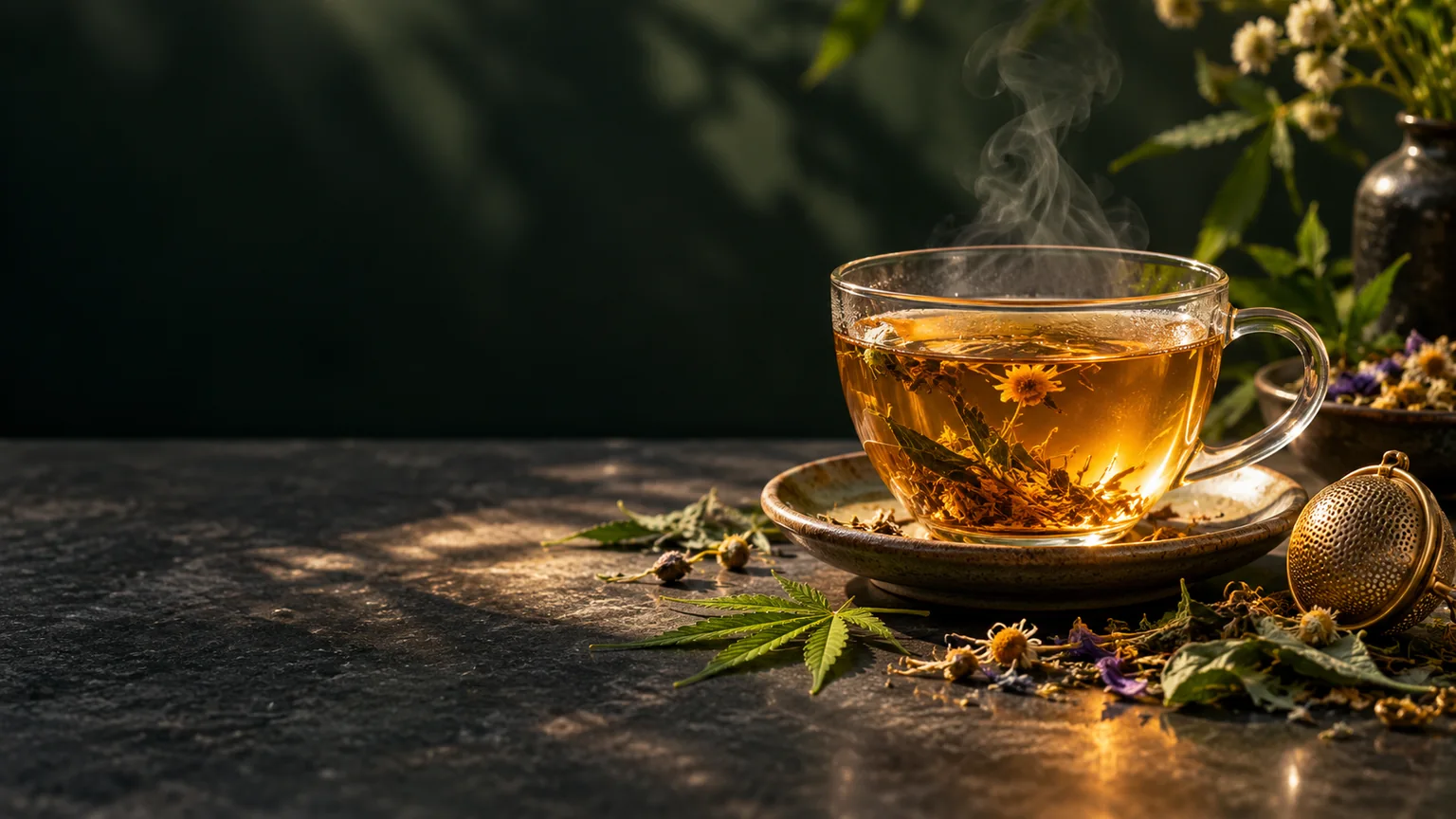 Amber herbal tea in a clear glass cup with a tea strainer and cannabis leaf