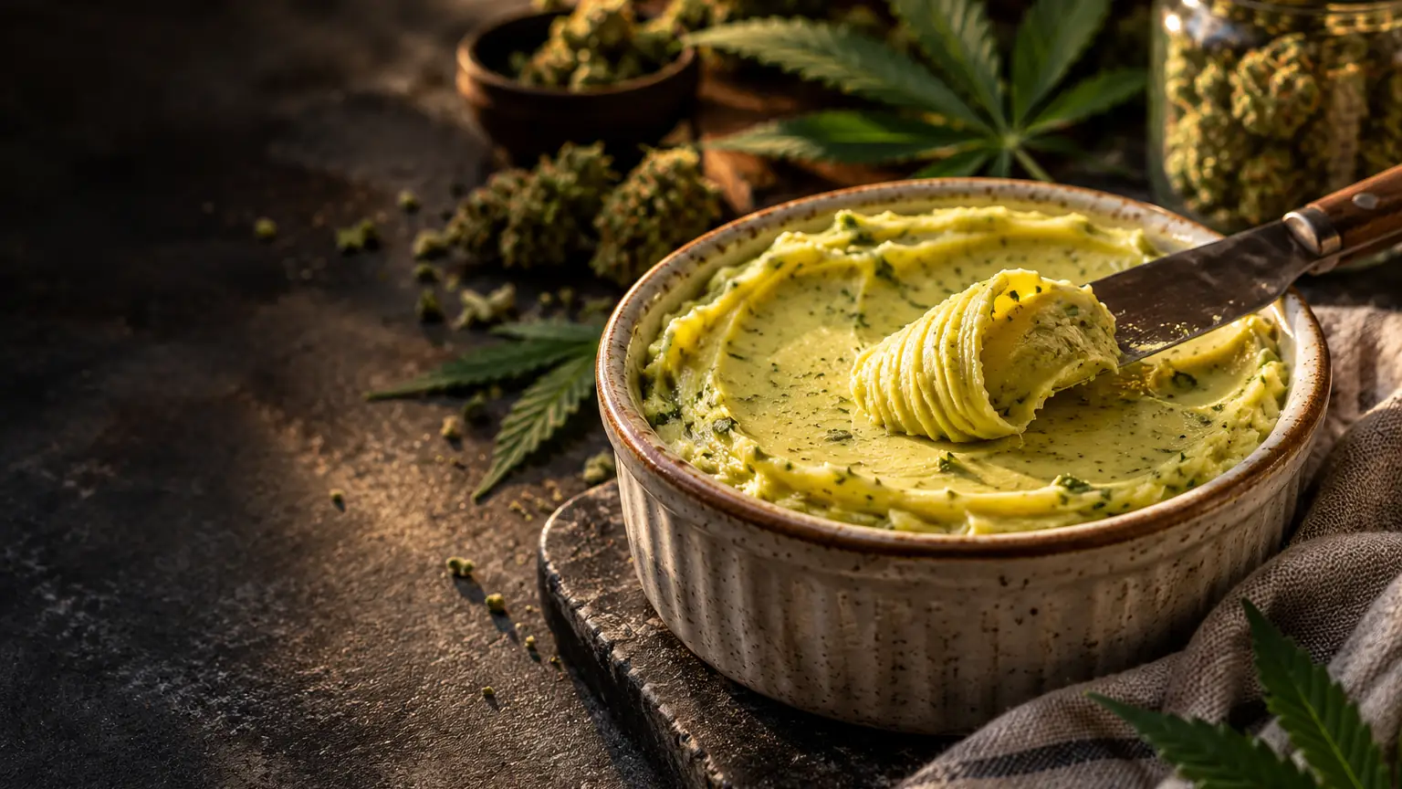 Golden green infused butter in a rustic ceramic bowl beside cannabis leaves and a wooden butter knife