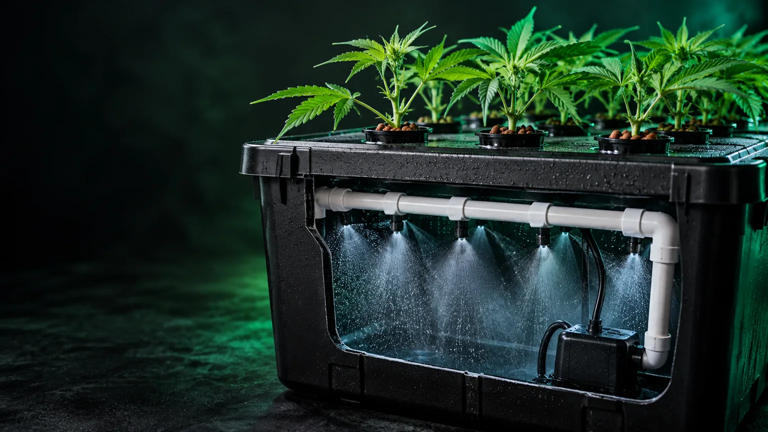 Editorial cutaway of a DIY cannabis clone machine with a PVC spray manifold, pump and plant cuttings