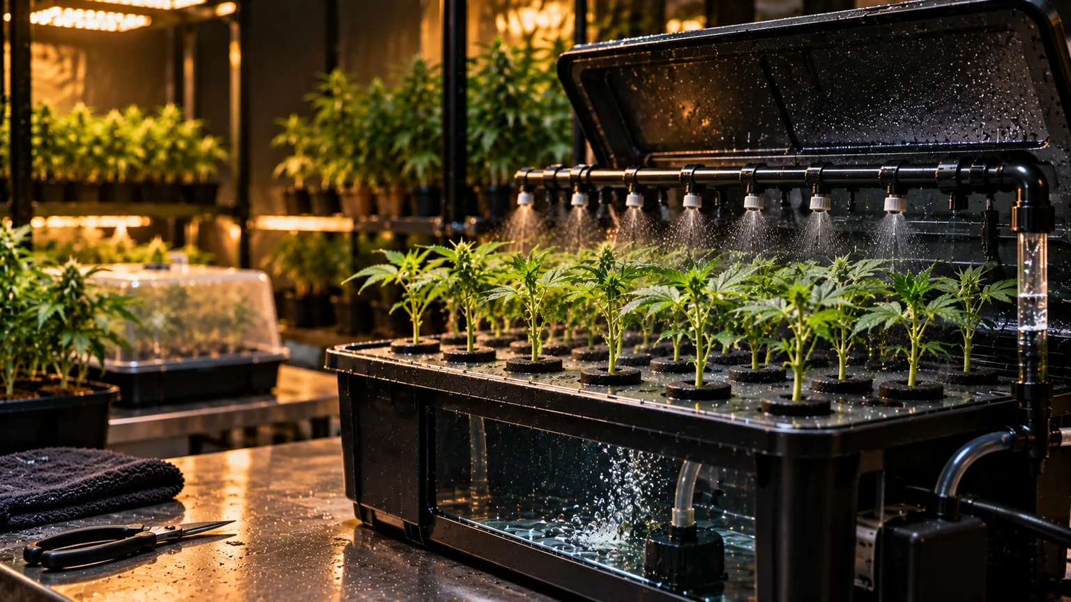 Cannabis propagation station with water spray manifold, cloning collars and young cuttings over a recirculating reservoir