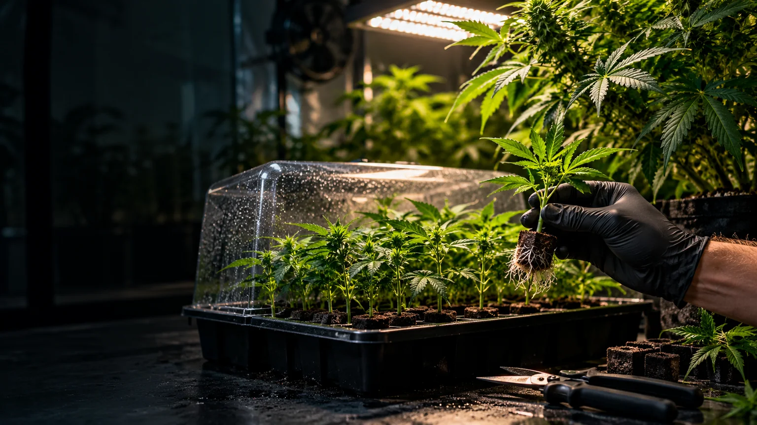 Indoor mother cannabis plant, rooted clone cutting, and covered propagation tray illuminated by a grow light