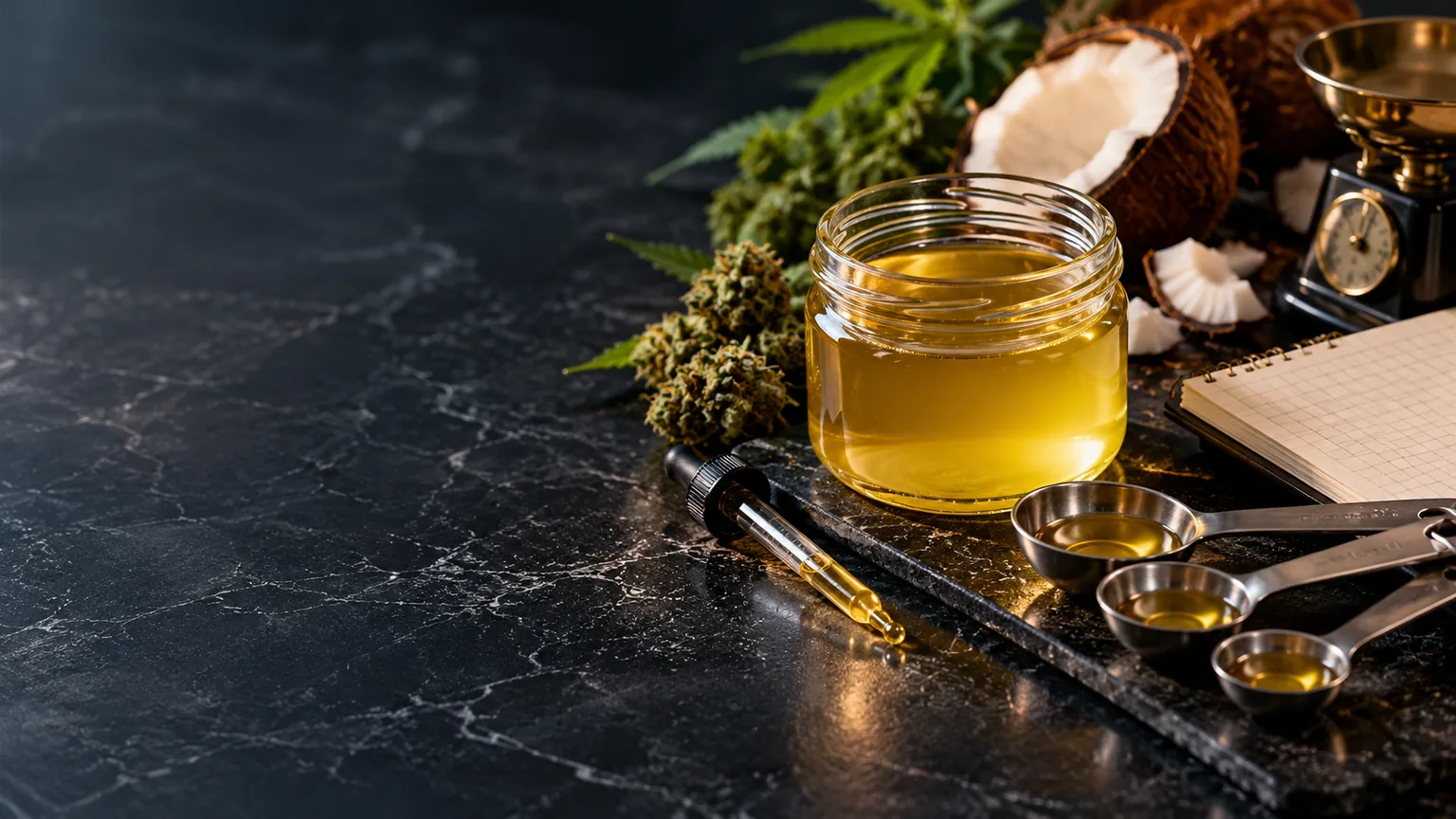 Glass jar of golden infused coconut oil with measuring spoons and a dropper on a dark kitchen counter