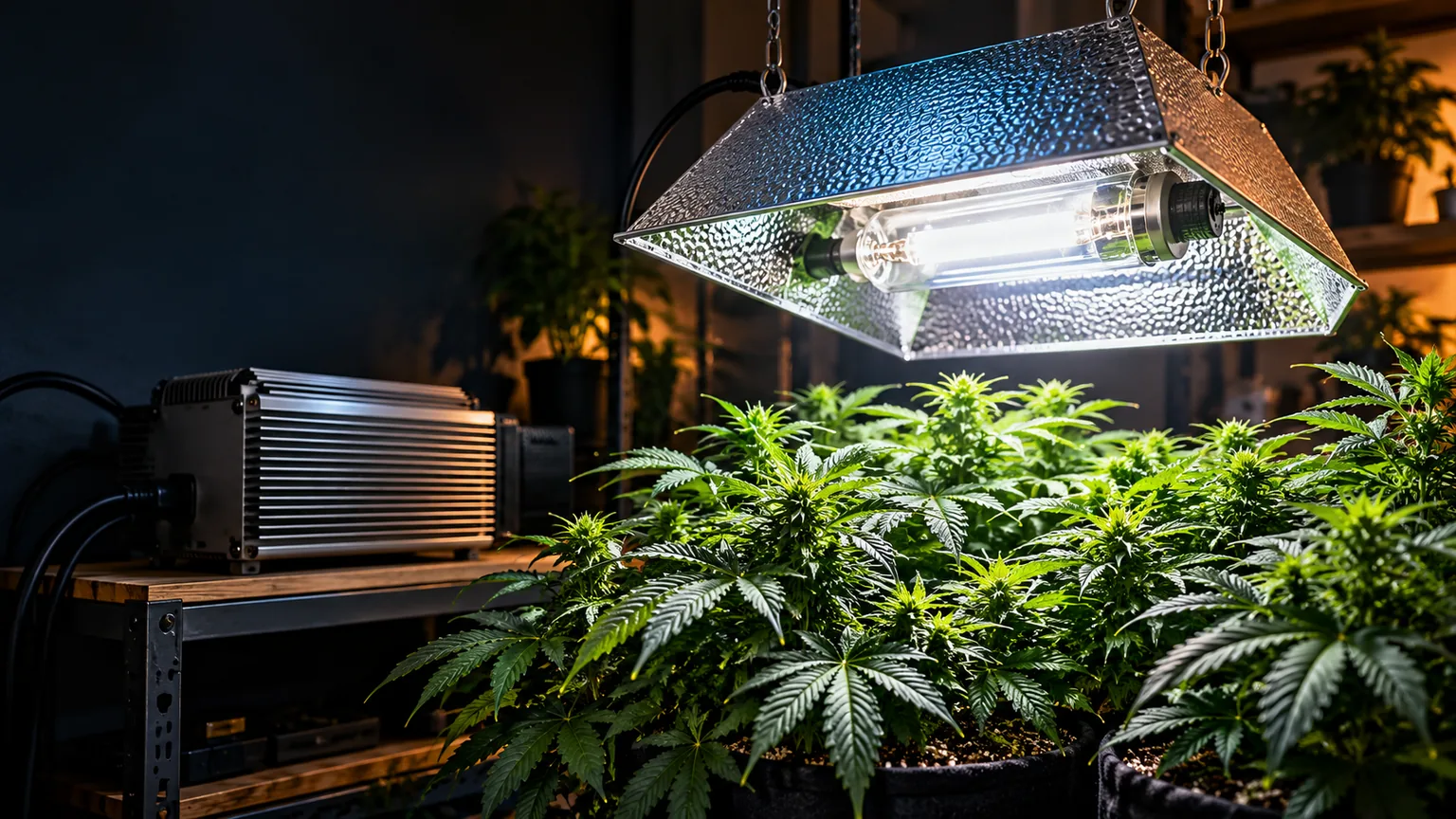 Suspended metal halide lamp and hammered silver reflector above a healthy indoor plant canopy, with the ballast visible to the side