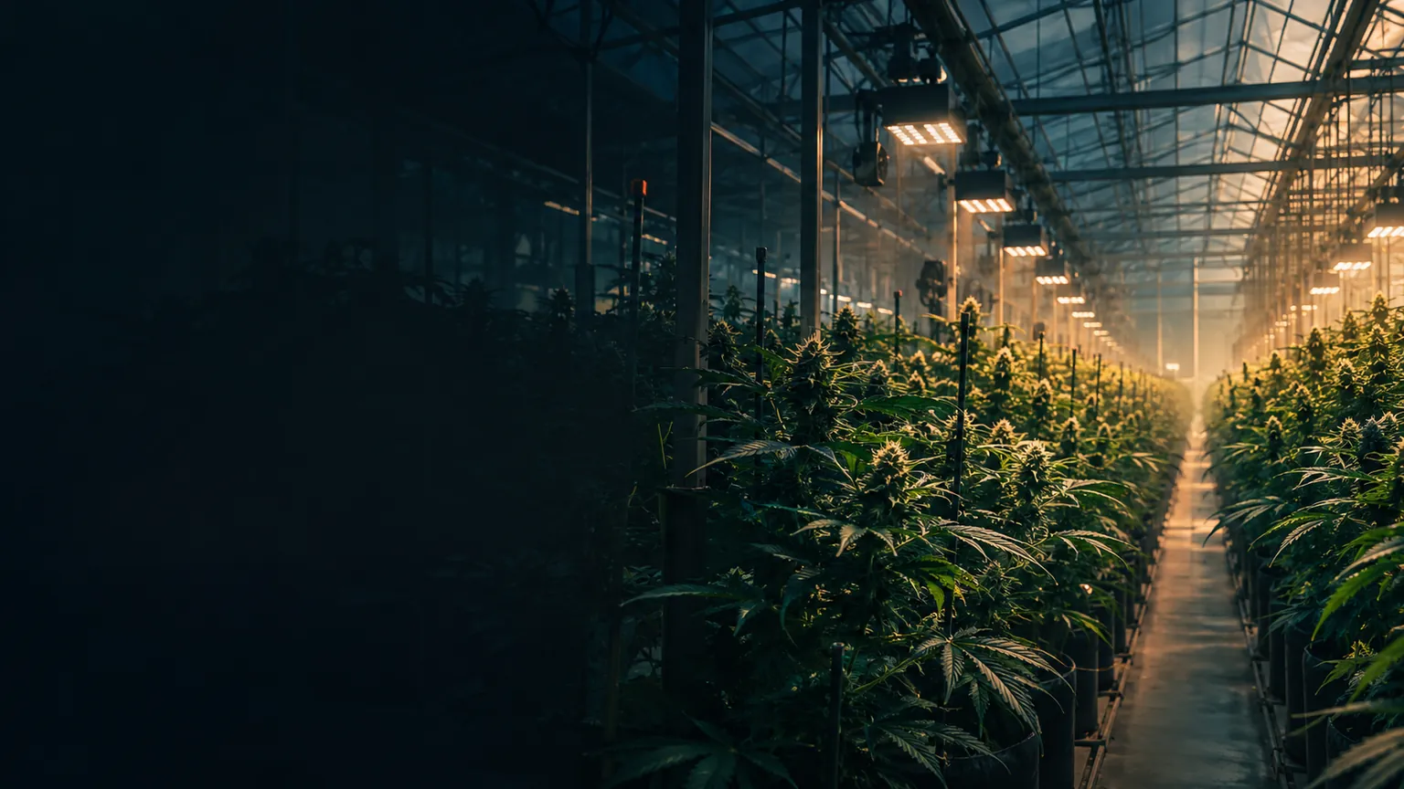 Commercial cultivation greenhouse with rows of plants, overhead grow lights and a central aisle