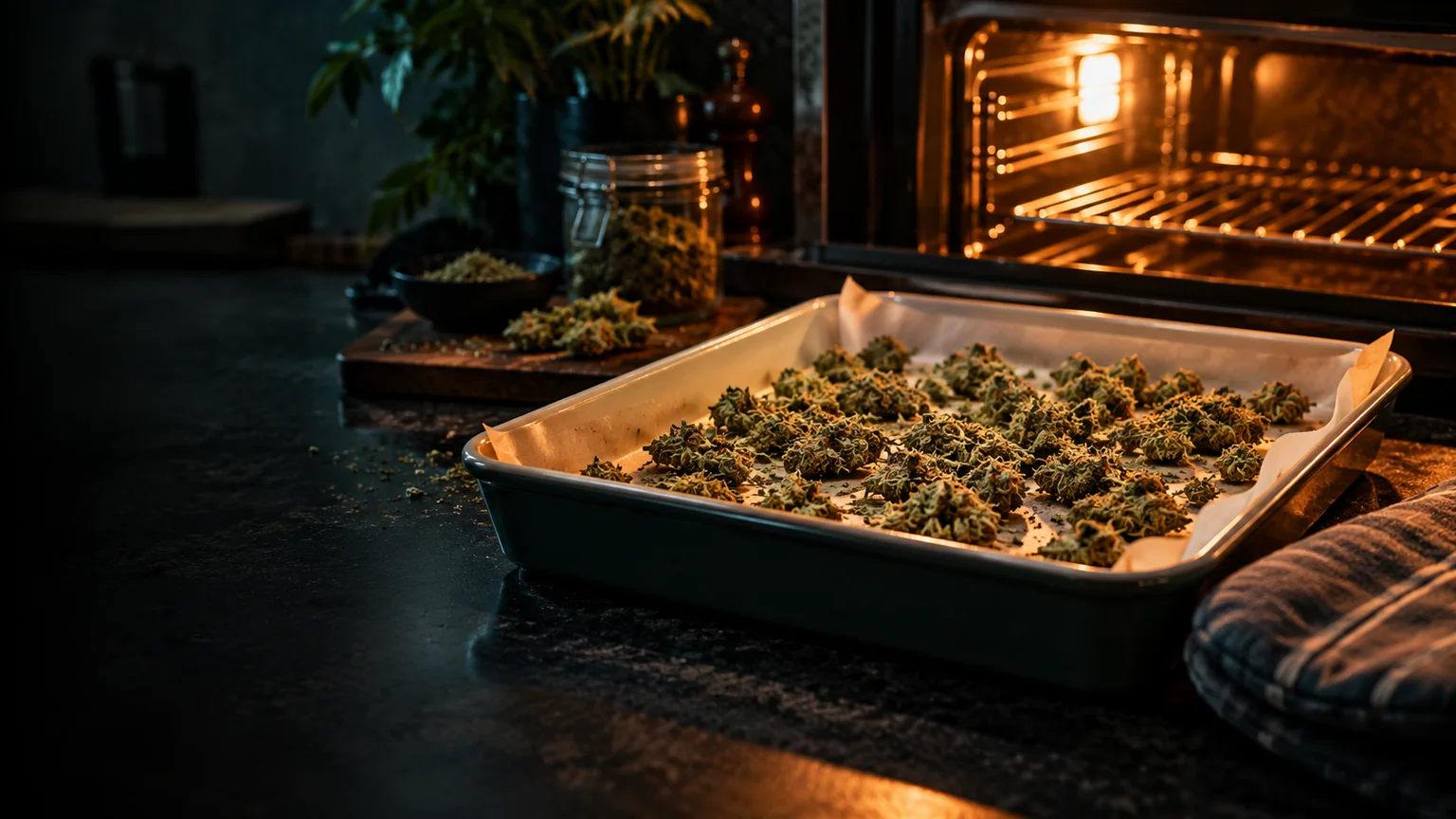 Cannabis flower arranged on a parchment-lined baking dish beside a warm kitchen oven