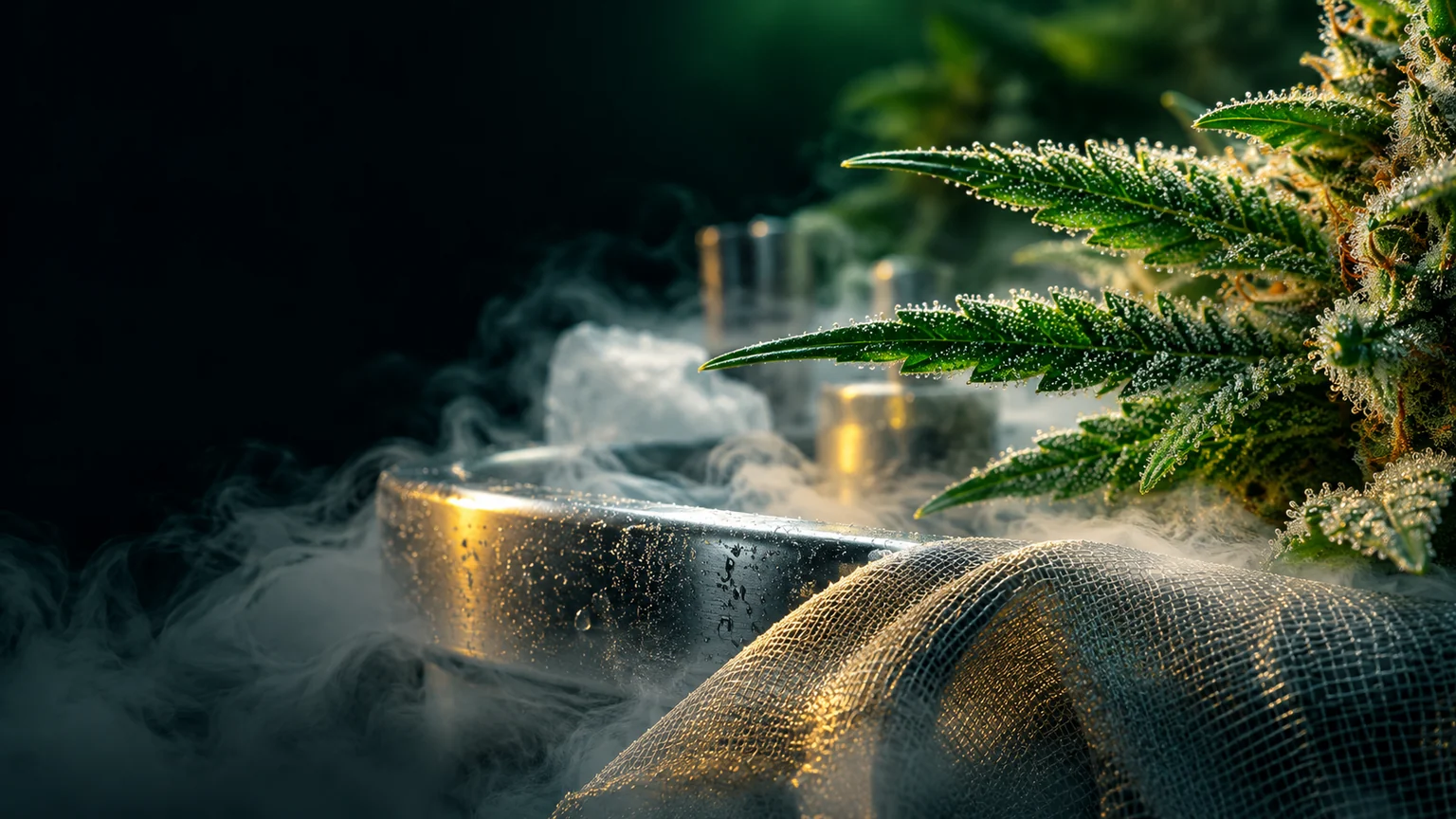 Cinematic close-up of frost-coated cannabis leaves, metallic mesh and cold mist