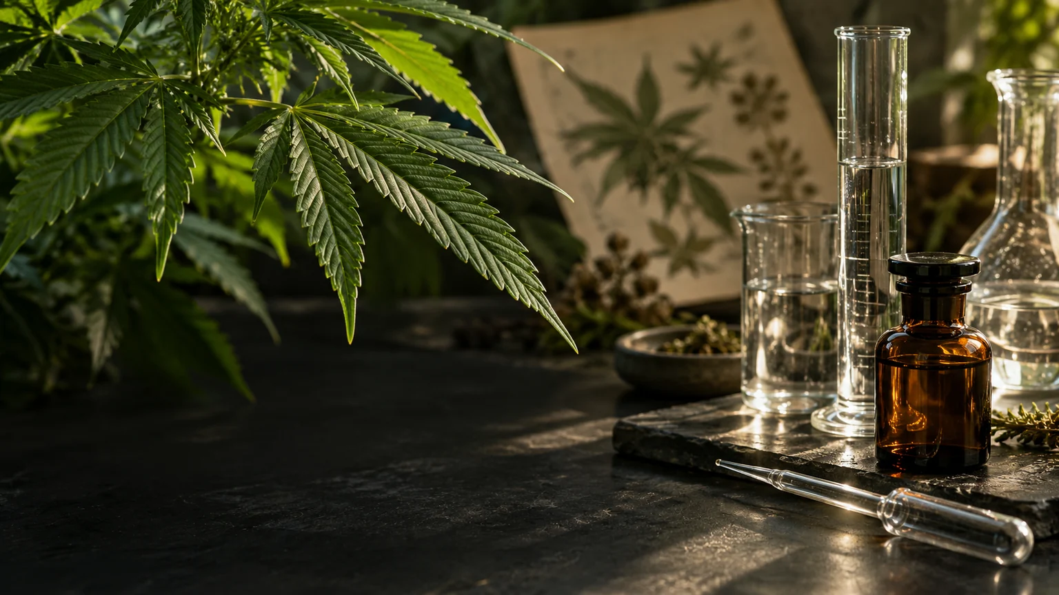 Cannabis leaves, clear laboratory glassware and an unlabeled amber bottle on an olive workbench