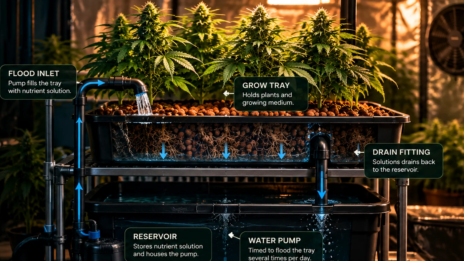 Indoor flood-and-drain hydroponic grow tray above nutrient reservoir with pump, return fittings and original instructional callouts