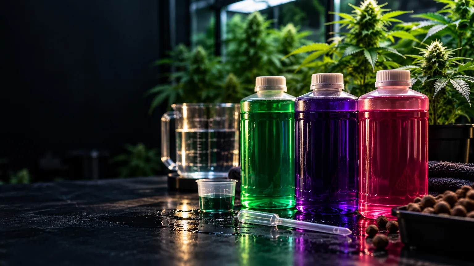 Three colored nutrient concentrate bottles with measuring vessels in a greenhouse growing area