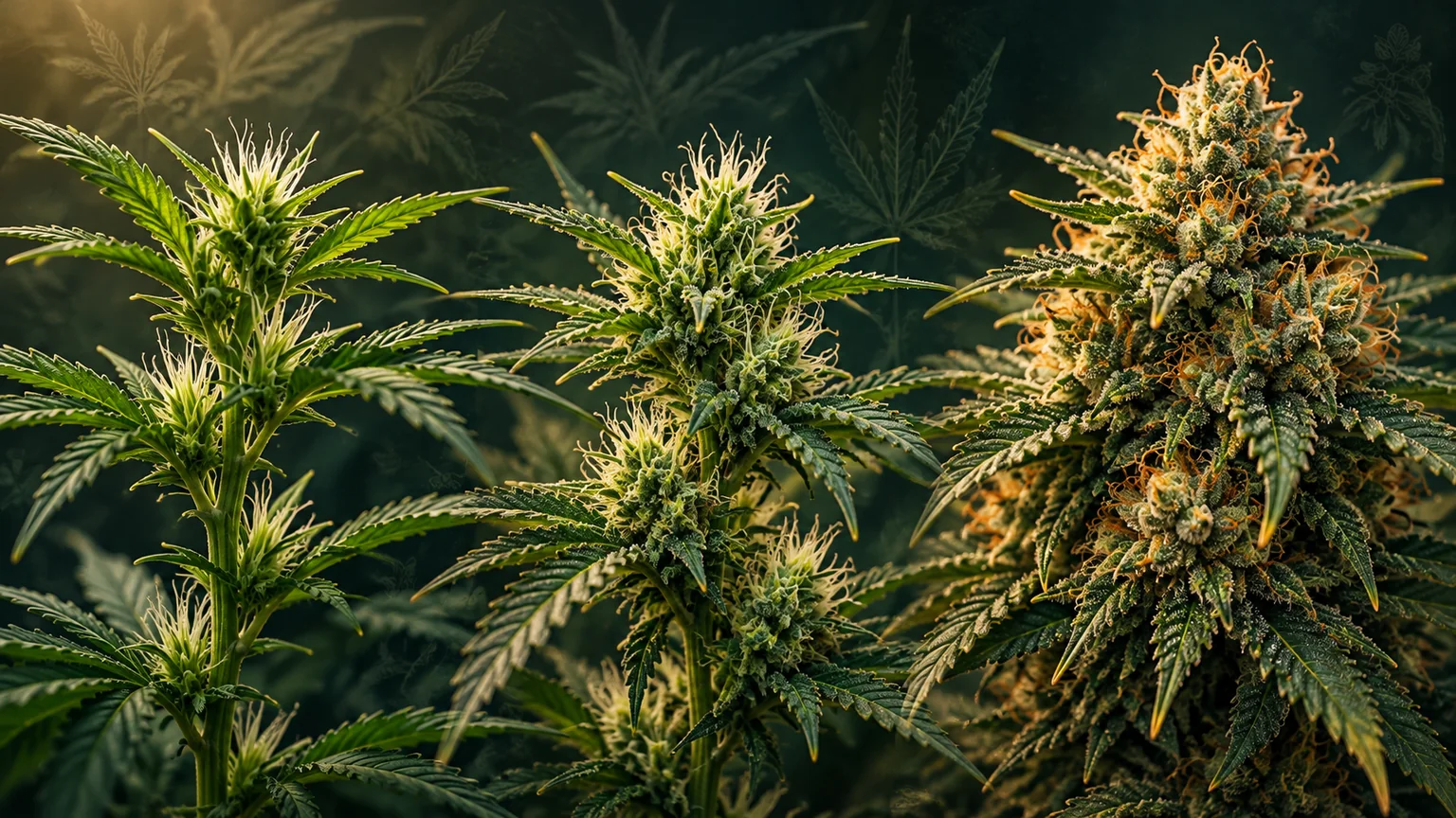 Three stages of flowering cannabis buds, from early pistils to mature flower clusters
