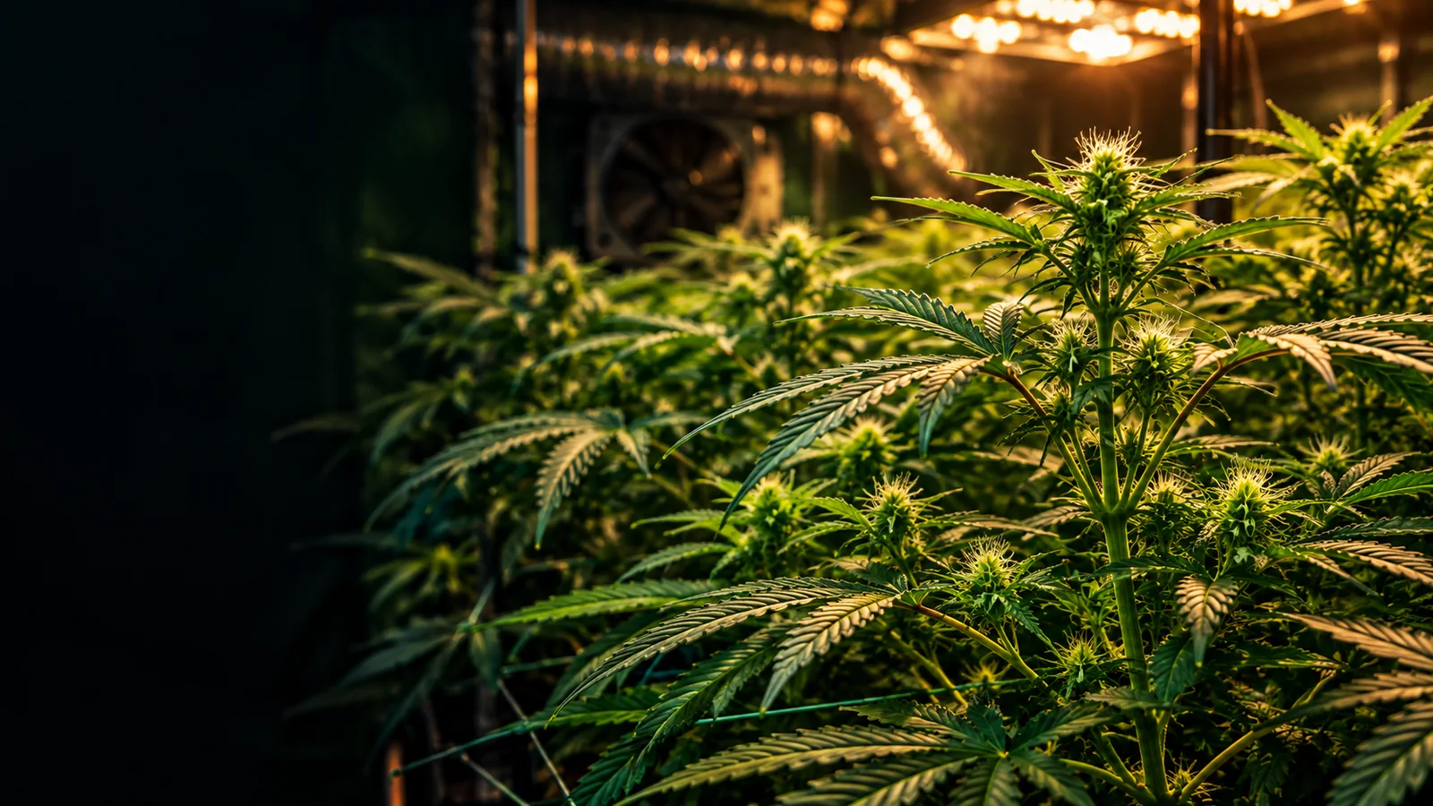 Close view of green indoor cannabis plants forming early flowering sites under warm overhead grow lights