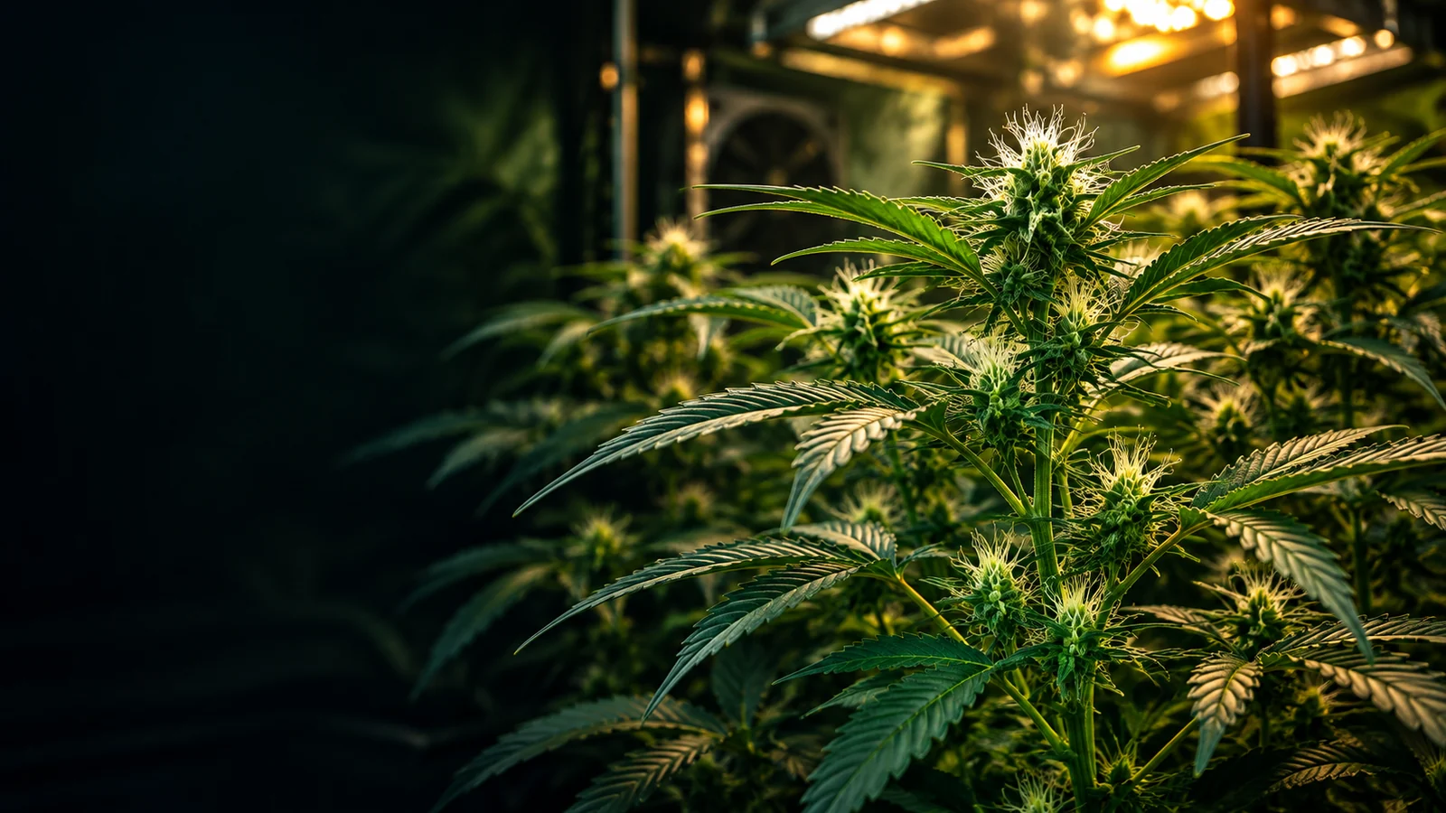 Indoor female cannabis plants developing small early flower clusters and white pistils beneath warm grow lighting
