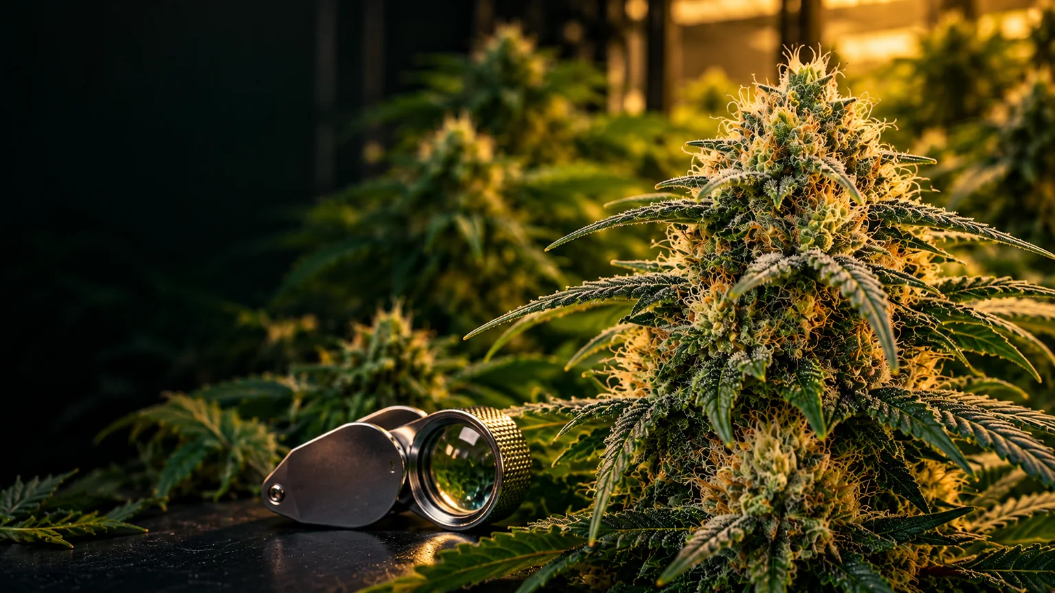 Resin-coated indoor cannabis flower beside a folding metal magnifying loupe beneath warm grow-room lighting
