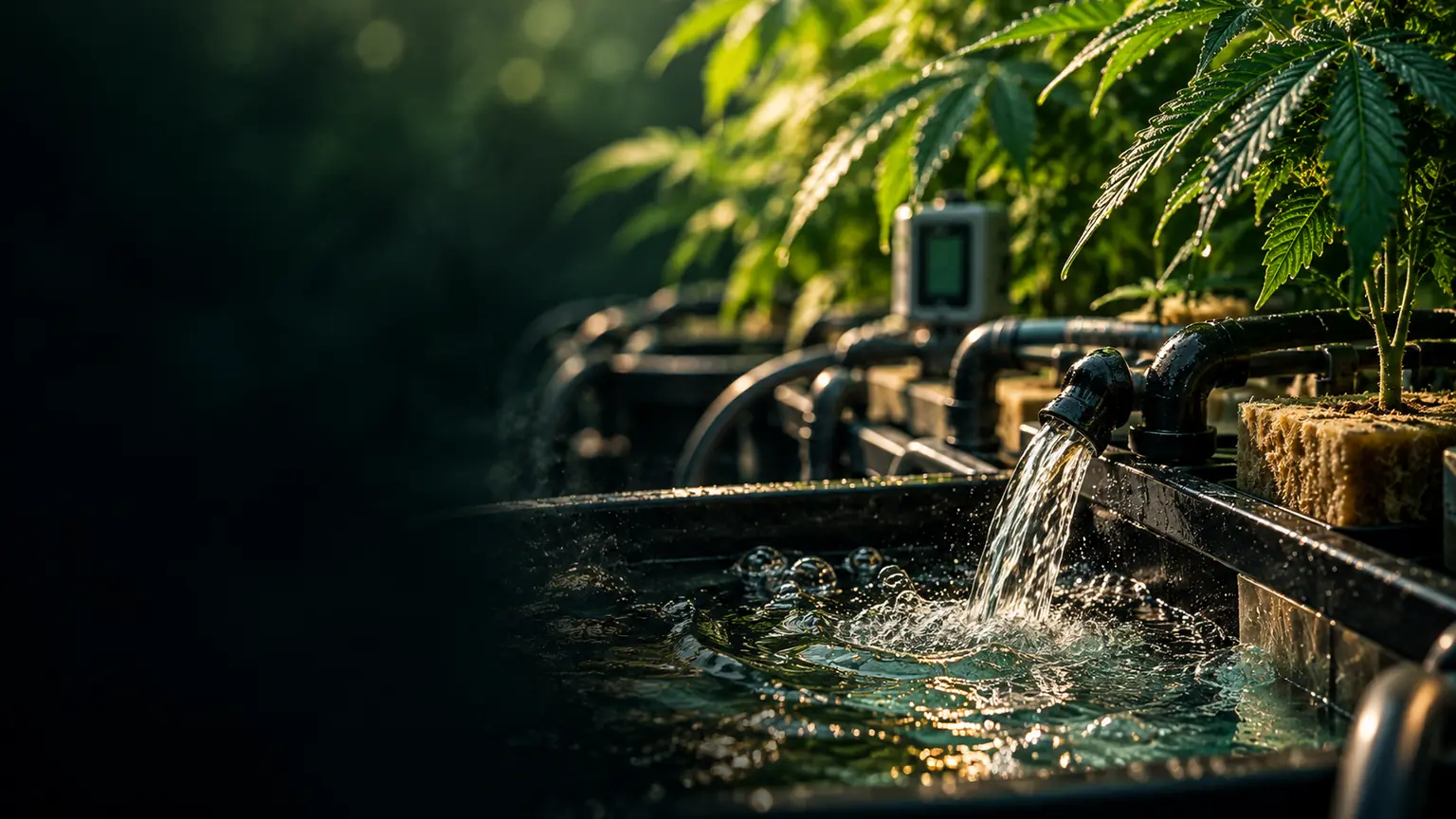 A hydroponic reservoir receiving water beneath healthy green foliage and irrigation fittings