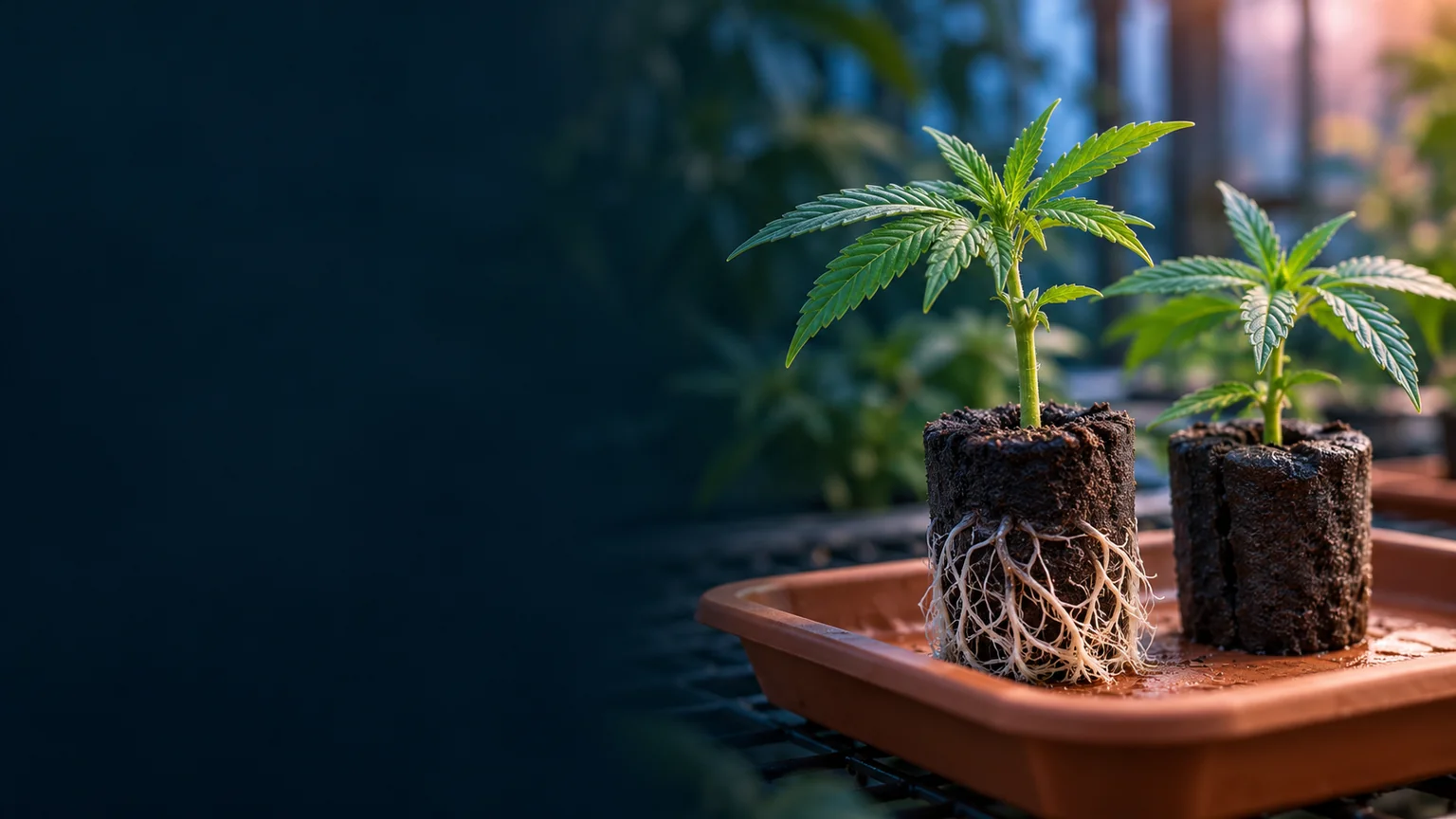 Young cannabis cuttings with white roots extending from propagation plugs