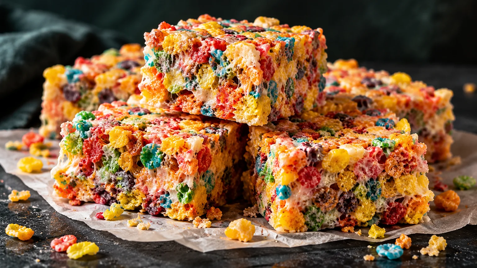 Colorful Fruity Pebbles marshmallow cereal bars stacked on parchment with a soft, chewy center
