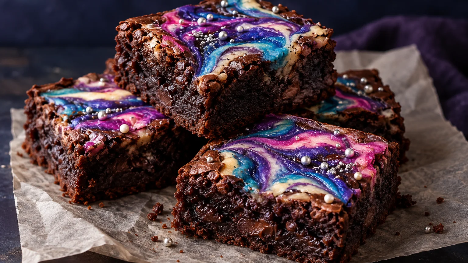 Fudgy galaxy brownies with purple, blue and cream-colored white-chocolate swirls and edible sugar pearls