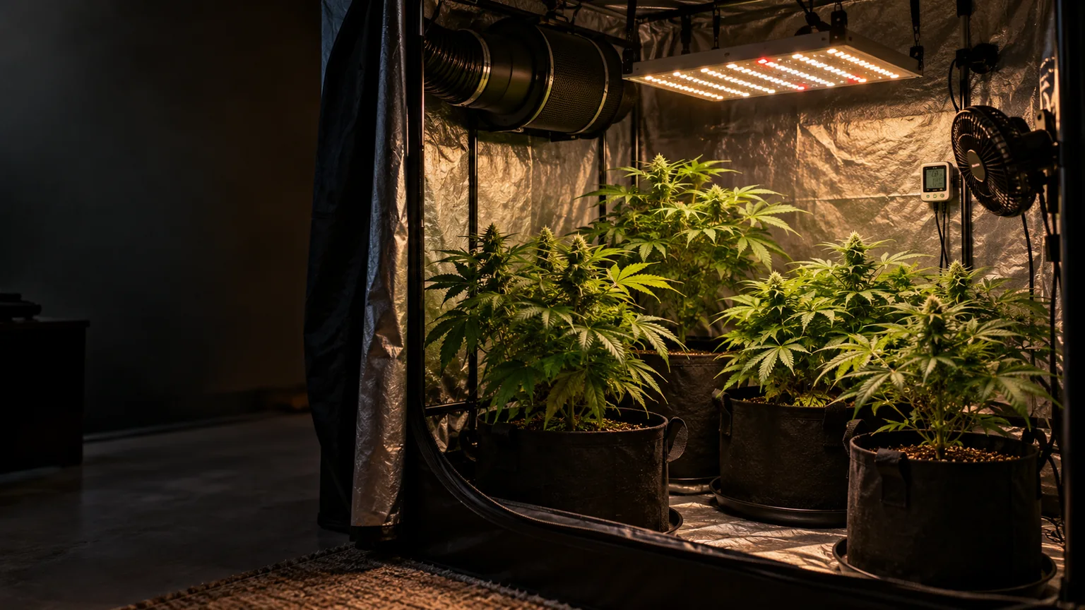 Indoor cultivation tent with LED horticultural light, ventilation equipment, climate monitor and cannabis plants