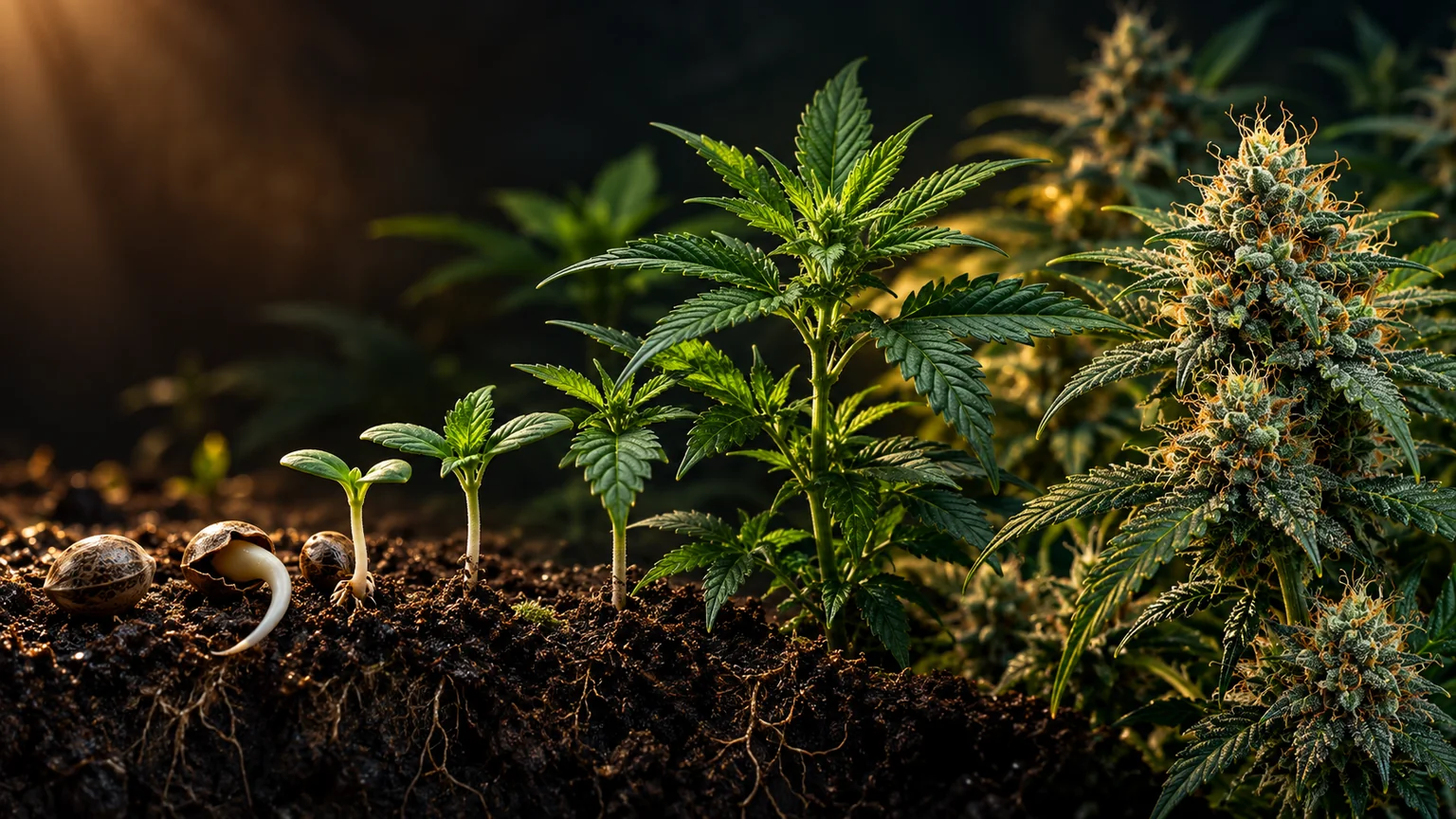 Cannabis plant development from a germinating seed through seedlings and vegetative growth to flowering