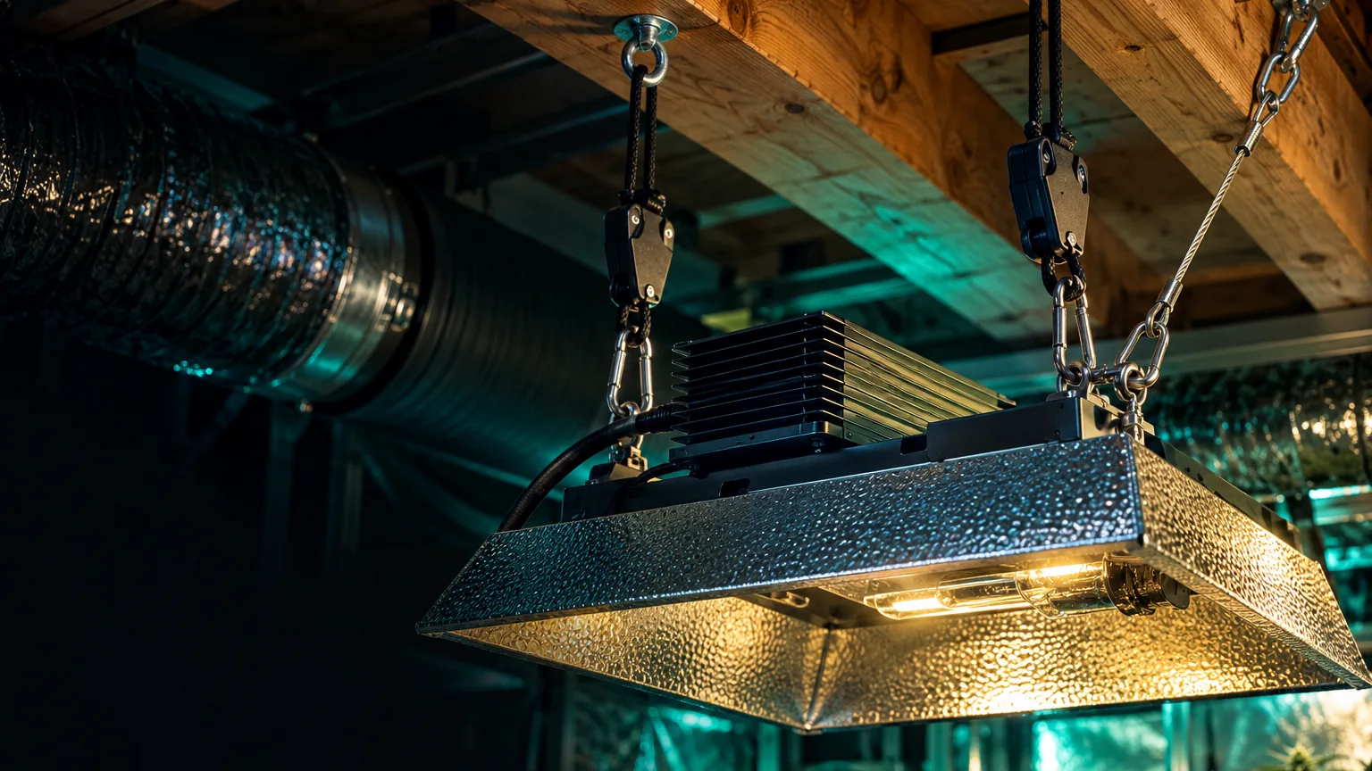 A suspended grow light reflector supported by ratchet hangers beneath structural framing with a separate steel safety tether