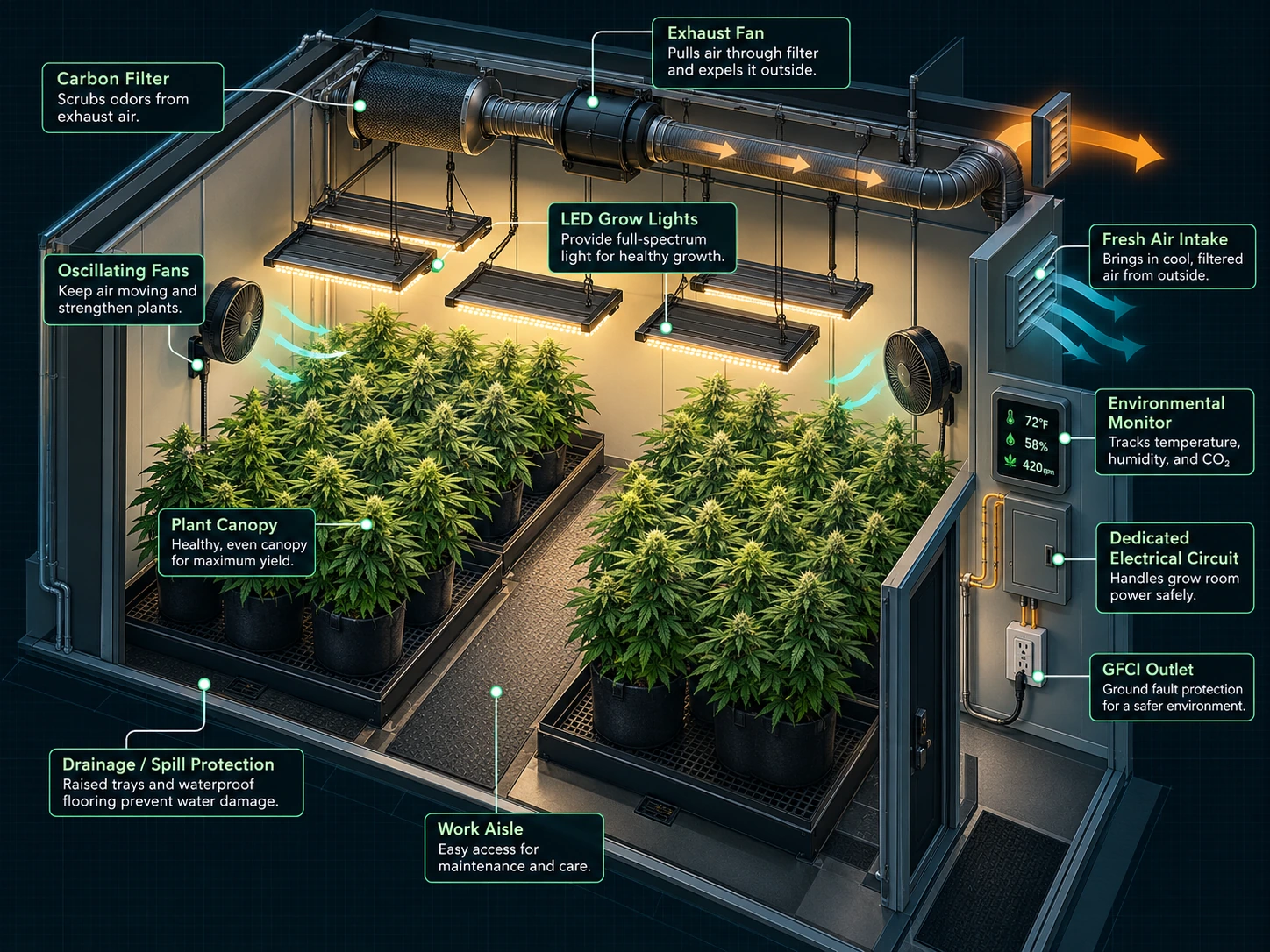 Conceptual cutaway of an indoor grow room labeling intake and exhaust, air circulation, canopy lighting, electrical controls, monitoring, spills and an access aisle
