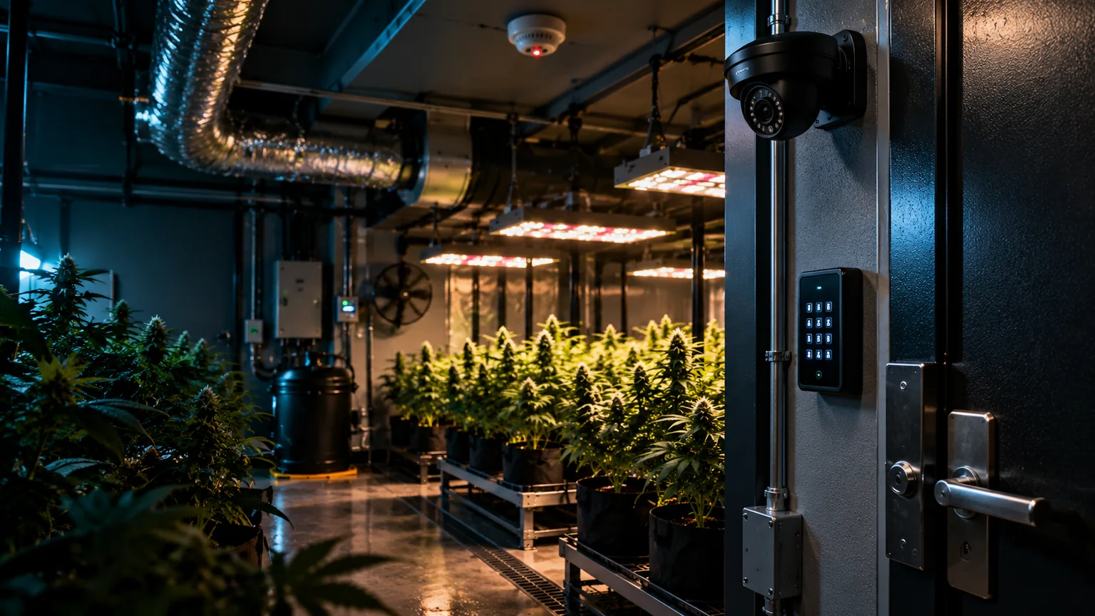 Grow-room entry door with keypad and ceiling camera facing indoor cultivation equipment