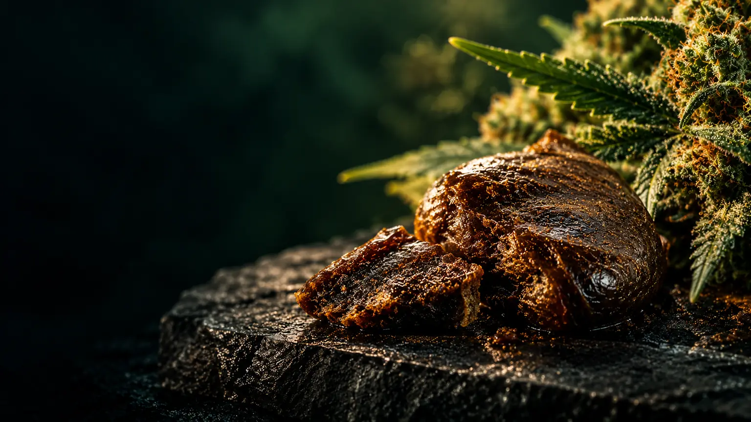 Warm amber-brown pieces of hand-rubbed cannabis hash on dark slate with resinous cannabis flowers