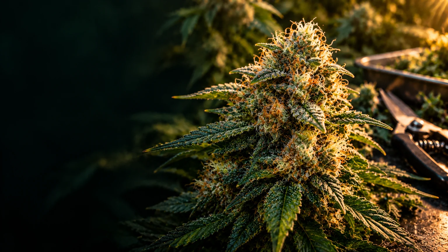 Resin-covered cannabis flower with amber pistils and trimming shears on a dark workbench