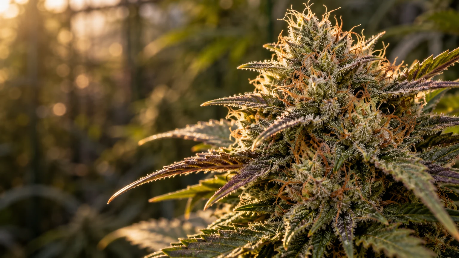 Mature cannabis flower with resin glands and orange-brown stigmas in warm light