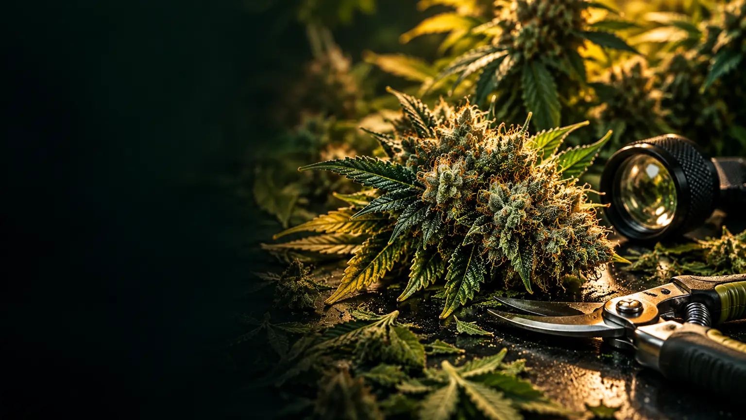 Resinous mature cannabis cola with pruning shears and a jeweler's loupe on a dark work surface