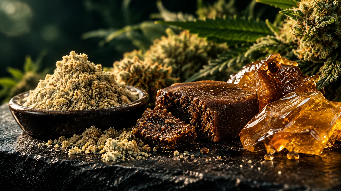 Cinematic editorial arrangement of golden kief powder, pressed hash and amber resin against a dark botanical backdrop